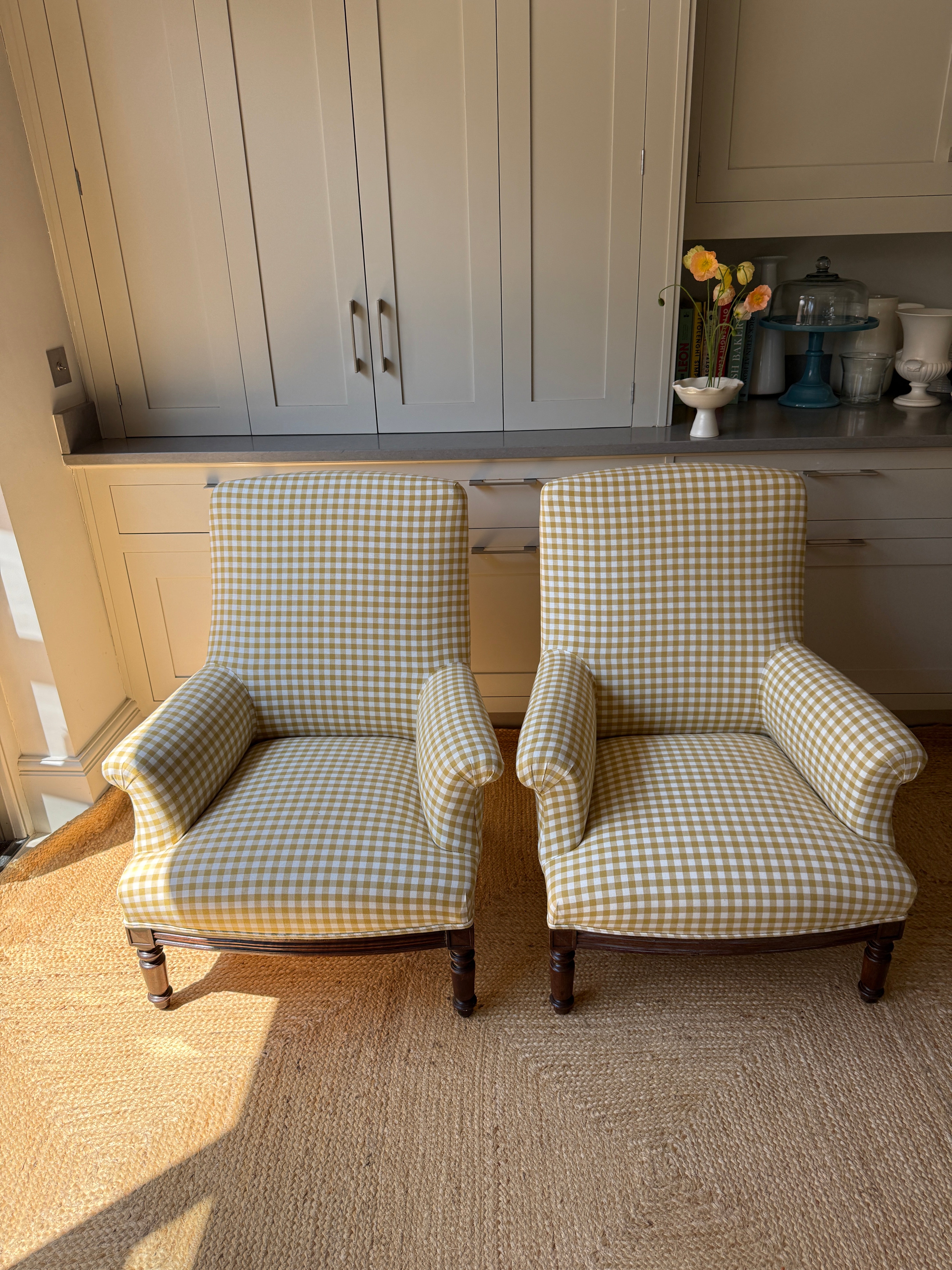 A Pair of Napoleon III Armchairs, Reupholstered in Yellow Gingham