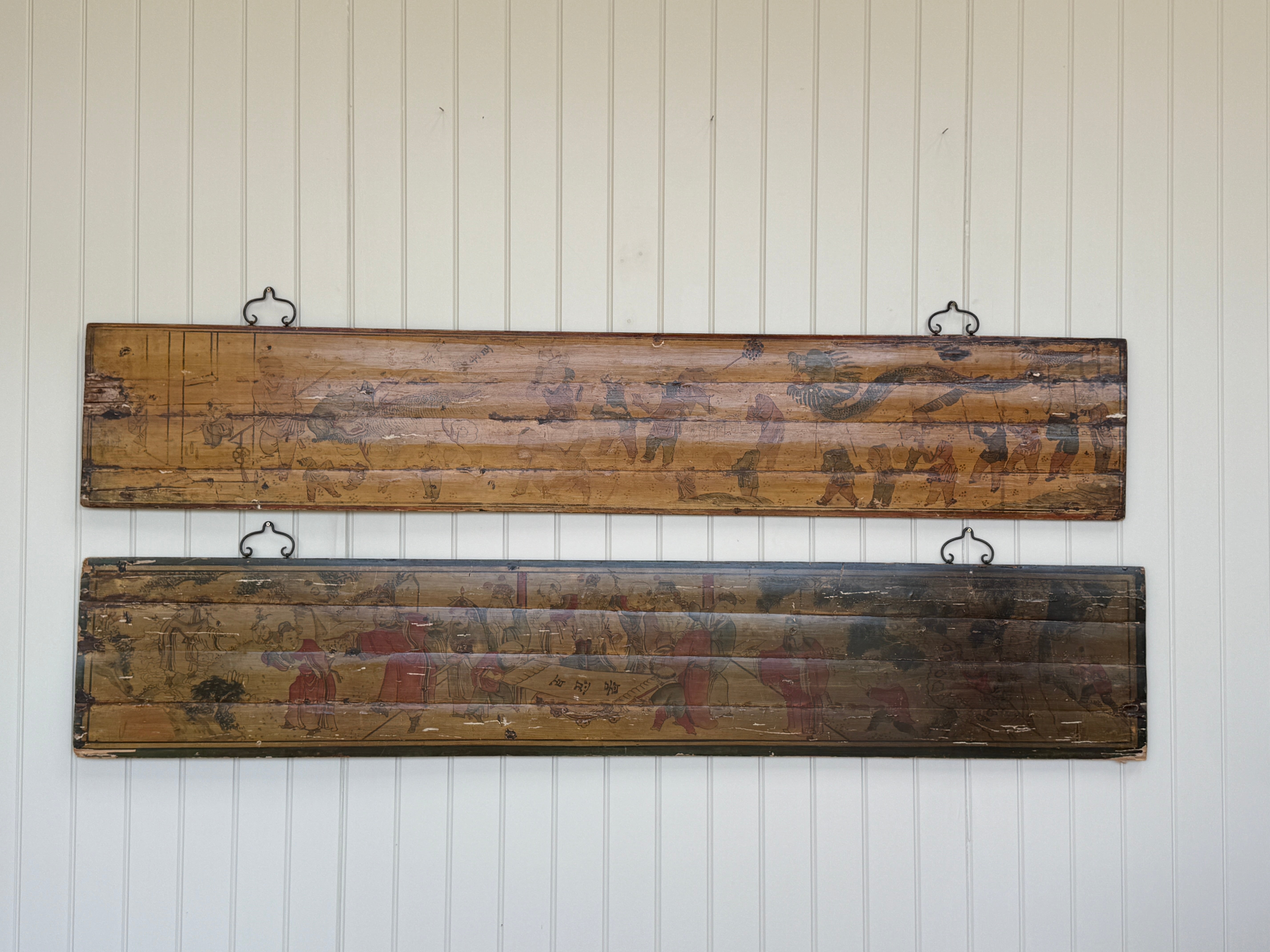 A Pair of Chinese Painted Pine Bed Canopy Panels
