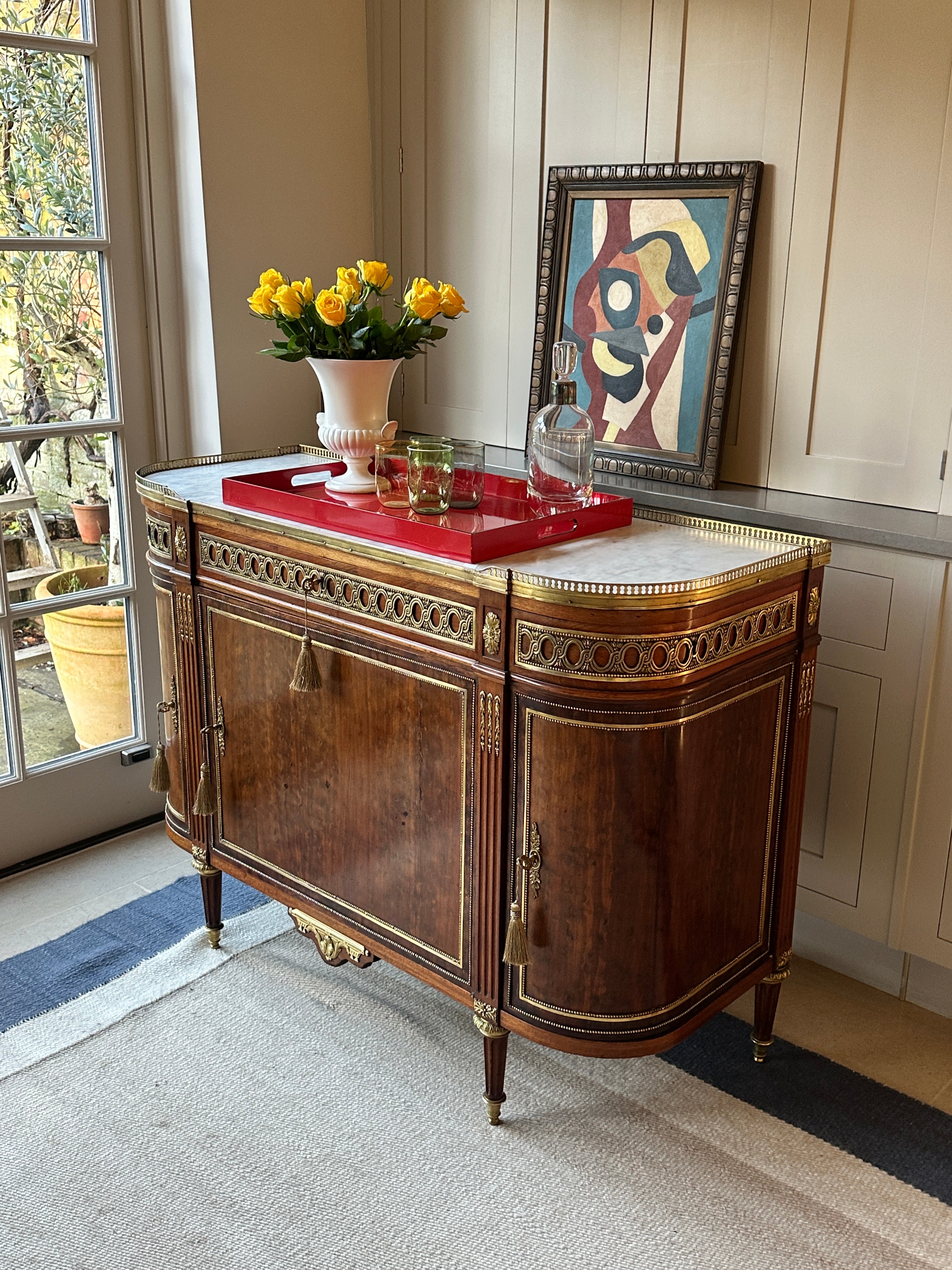 Neoclassical Louis XVI style Mahogany Server with White Marble Top and Brass Gallery