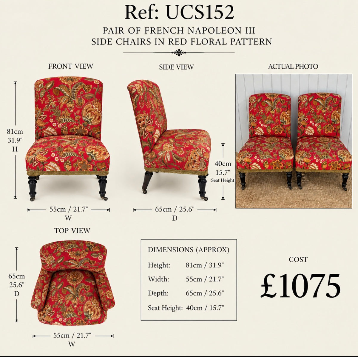 Pair of Large Solid Slipper Chairs in Red Floral Fabric — specification