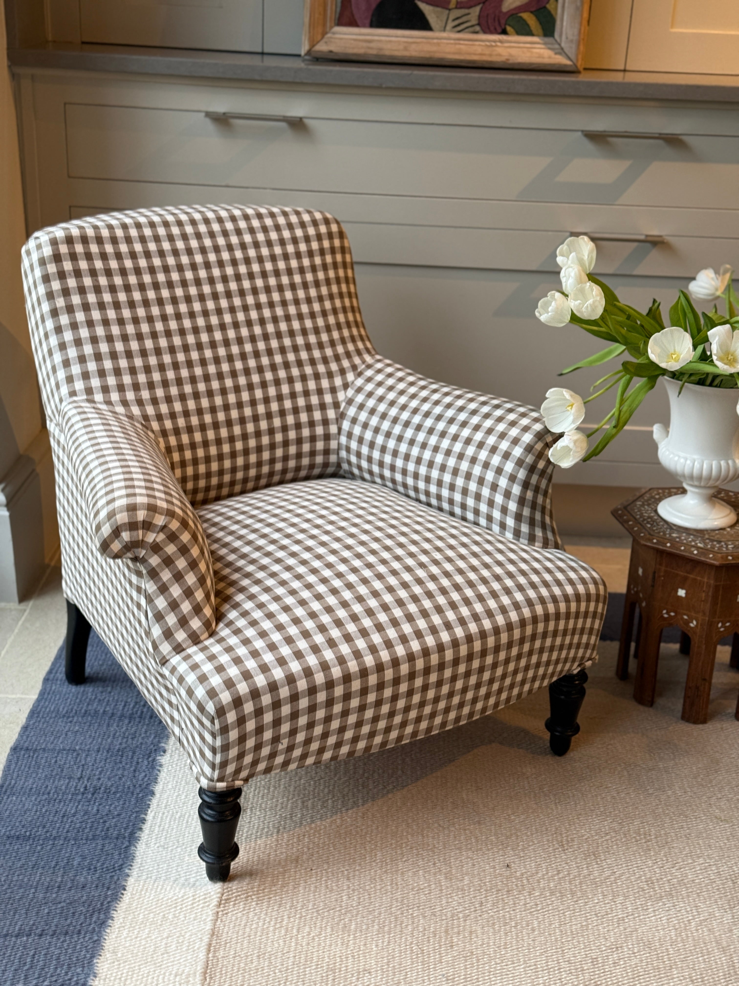 Small Napoleon III Square Back armchair in brown gingham