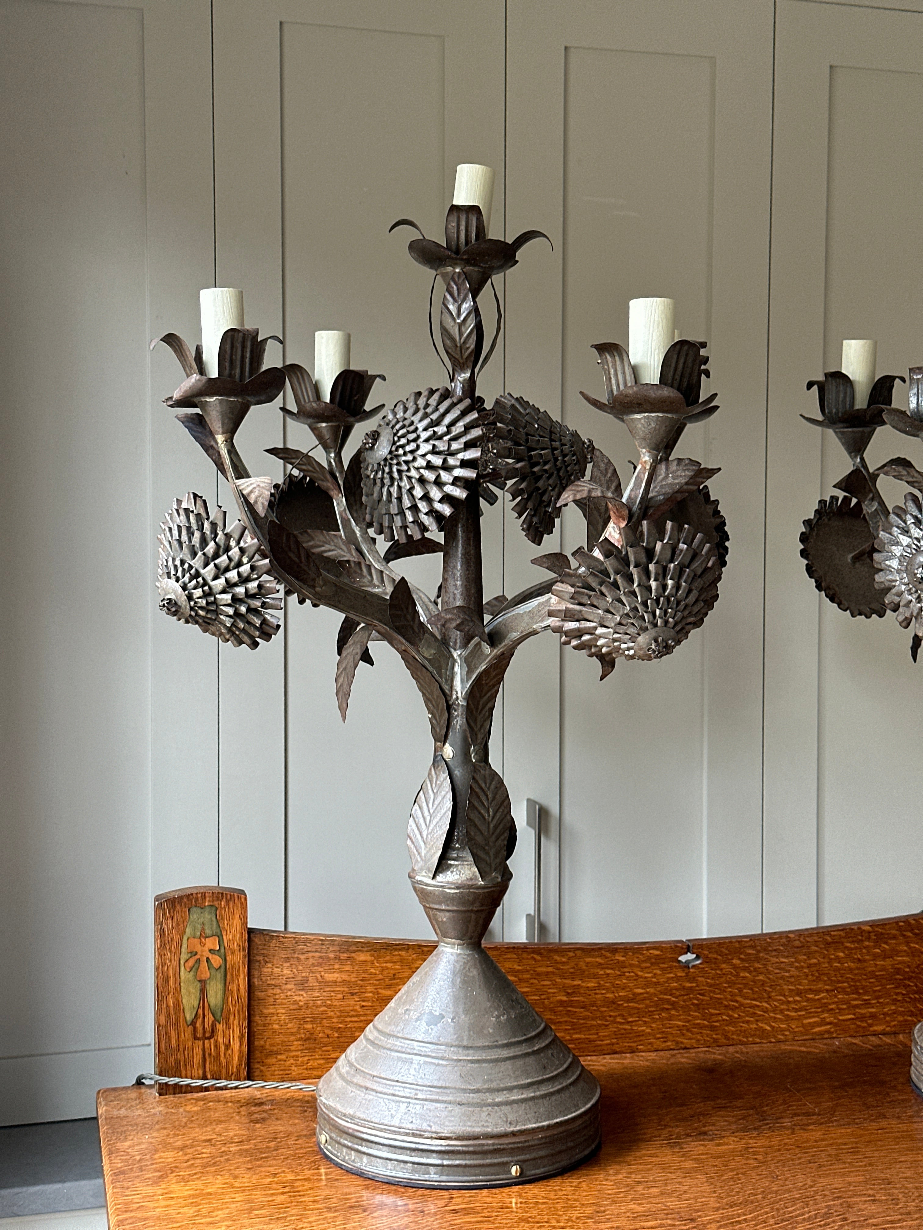 French Pair of Toleware Candelabra Table lamps