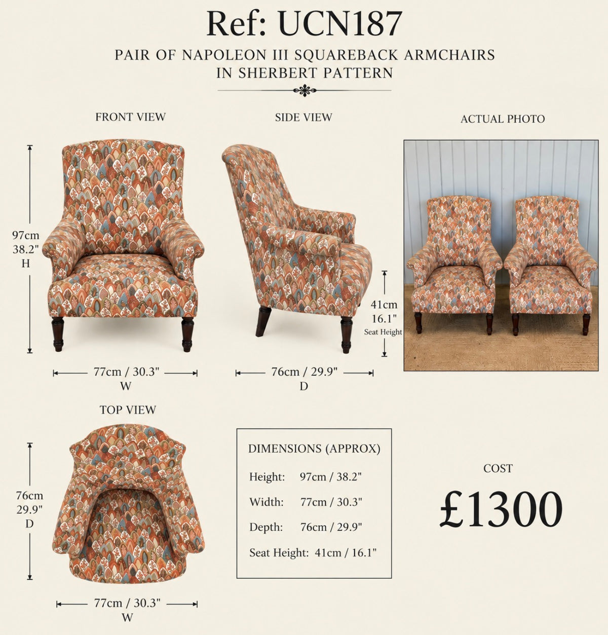 Pair of Nap III Squareback Armchairs in Sherbert Pattern — specification
