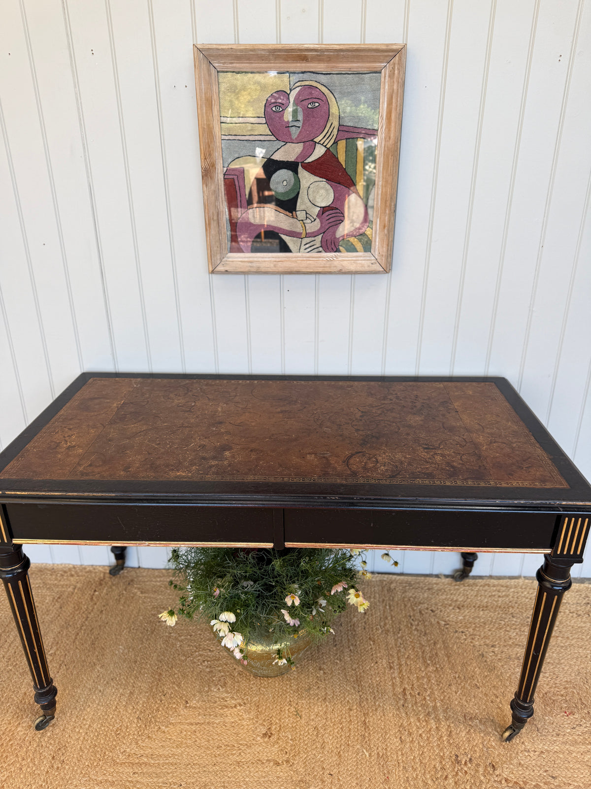 Victorian Aesthetic Movement Ebonised Writing Table with Gilt Detail and Leather Top