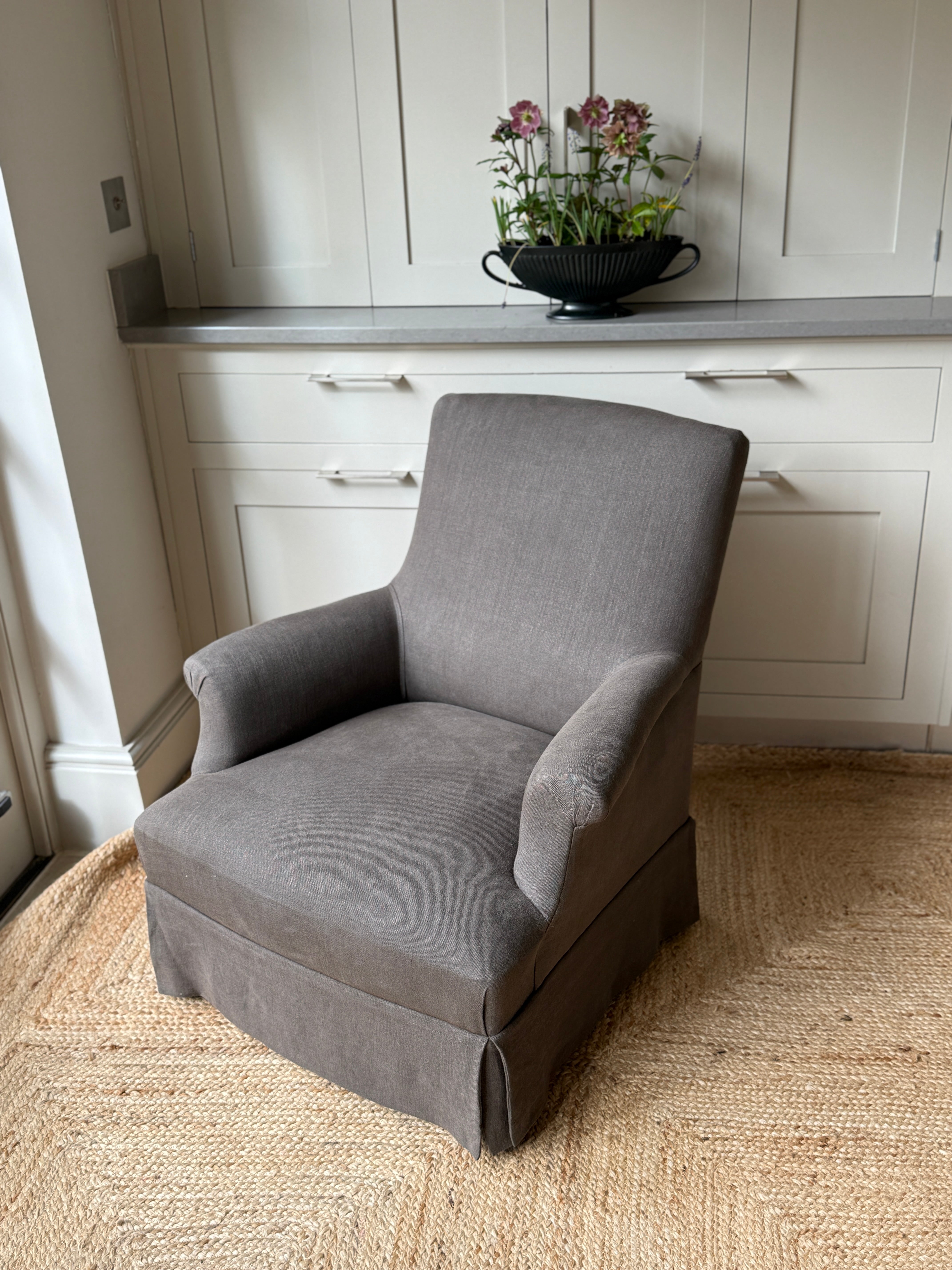 Single French Armchair in Heavy Brown Linen