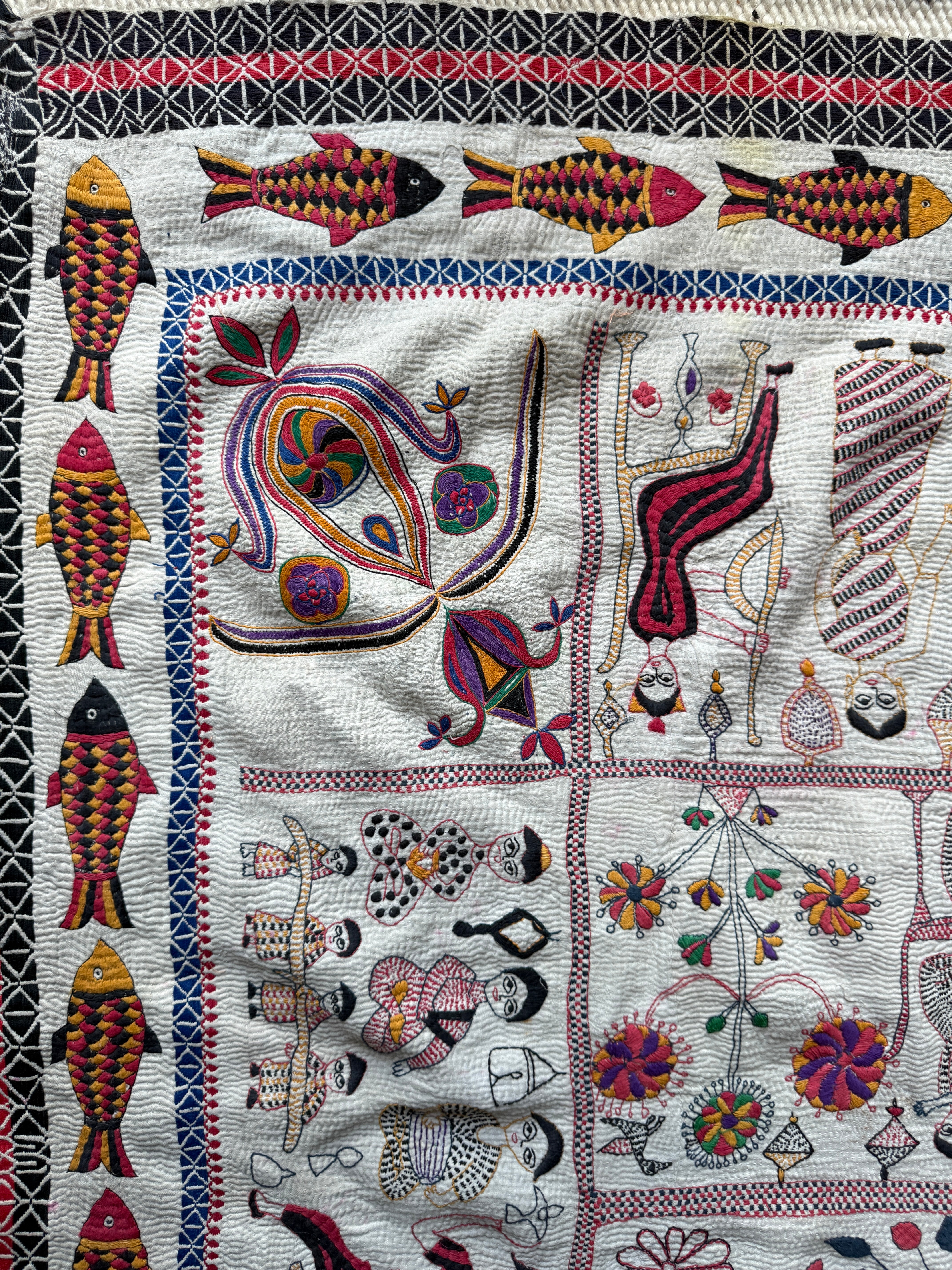 Rare Bengali Nakshi Kantha with Fish Border c late 19th Century
