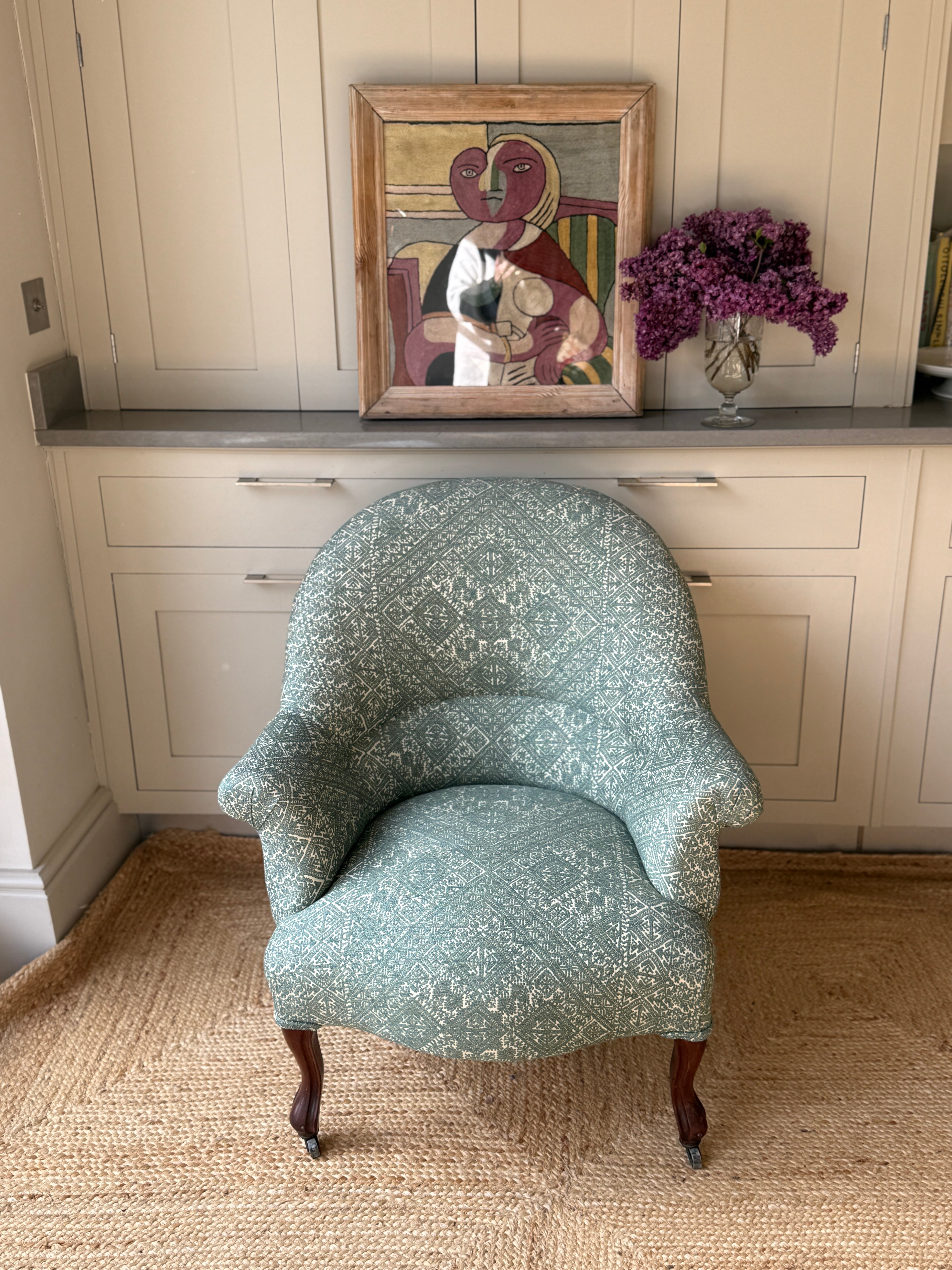 Antique French Tub Chair in GG Fez Weave Seafoam