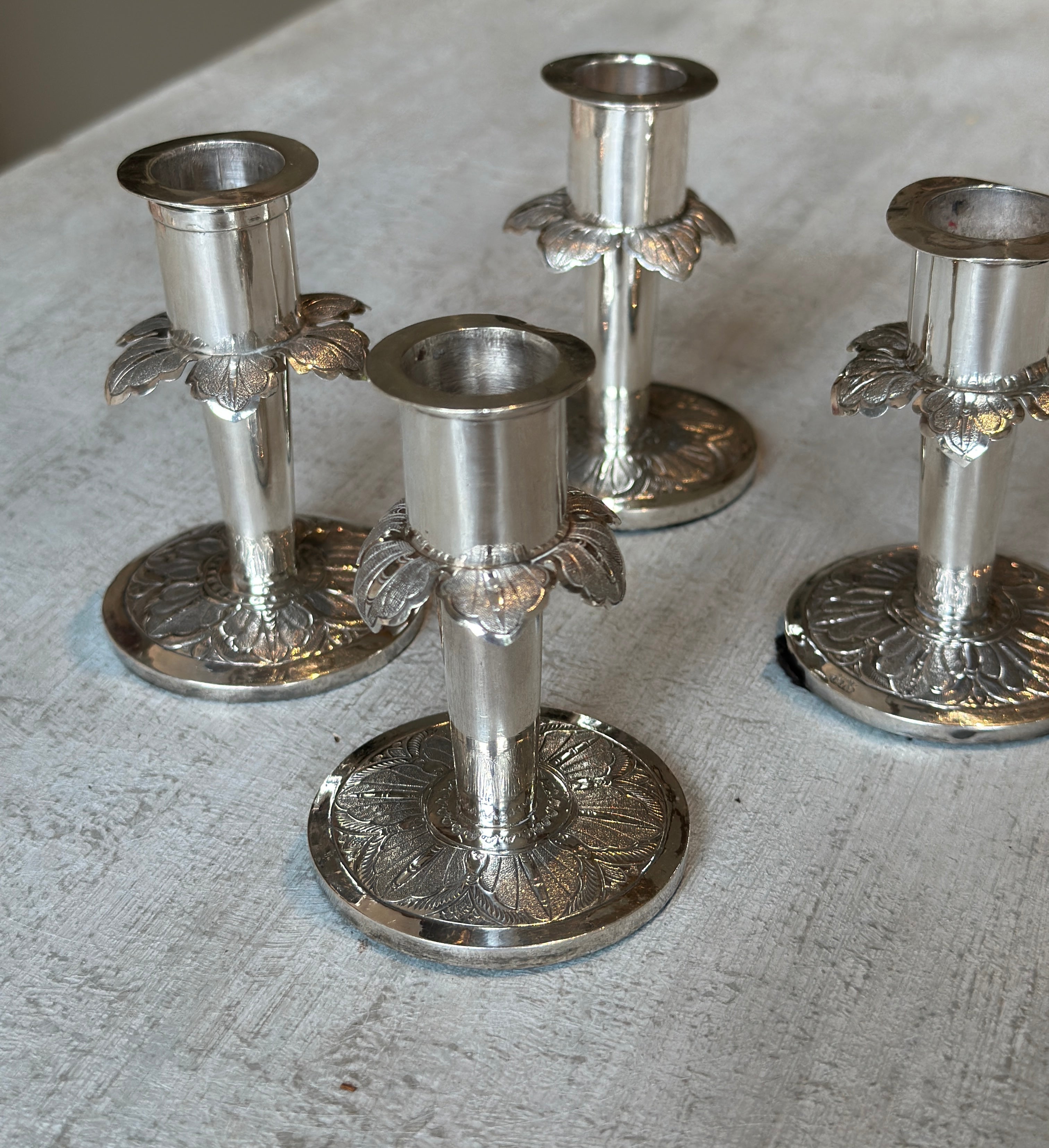 Charming Set of 4 Continental Silver Candlesticks with Petal Design