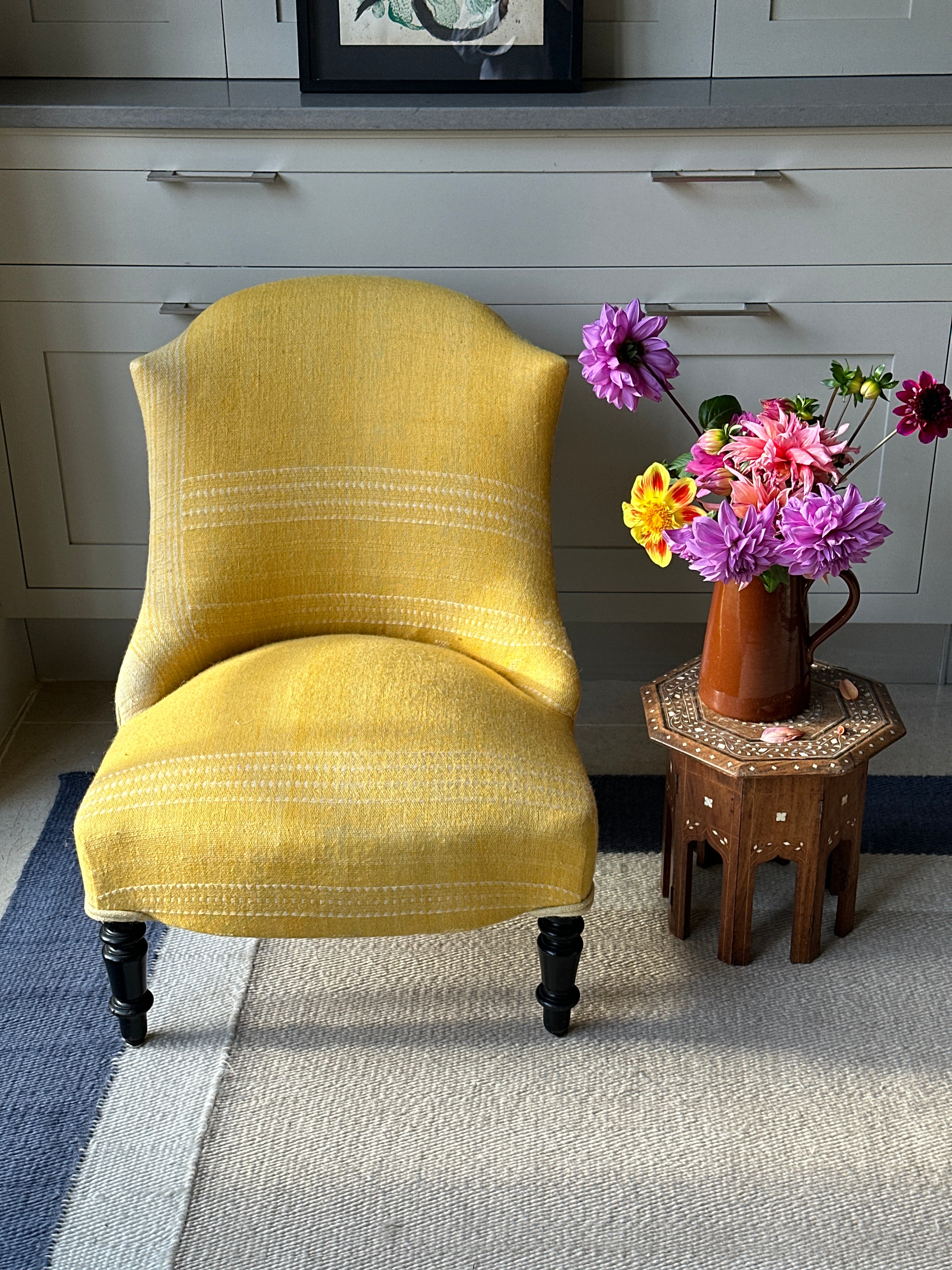 French Slipper Chair in vintage yellow Indian Camel Wool textile