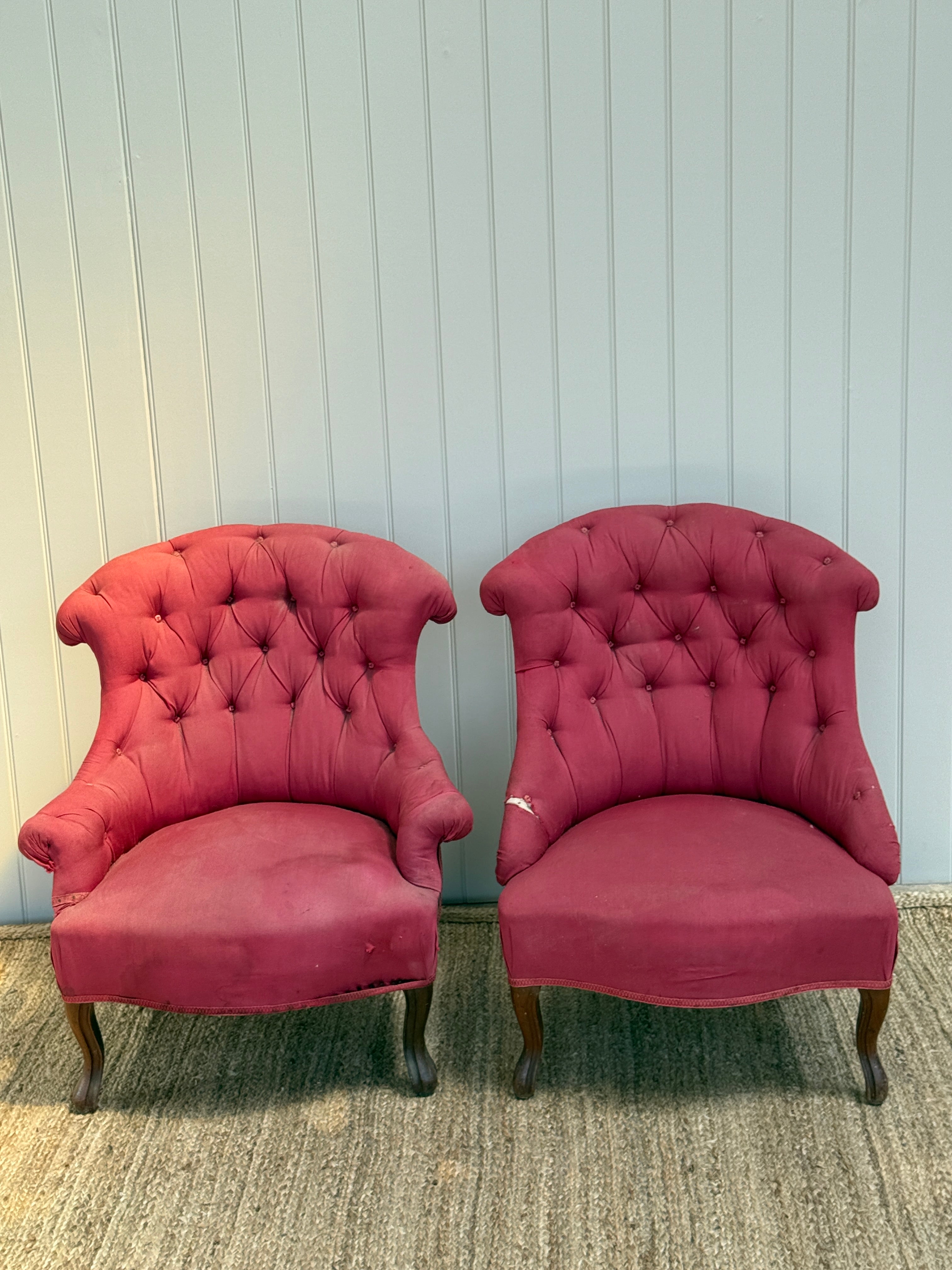 Pair of Red Linen Button Back Slipper Chairs