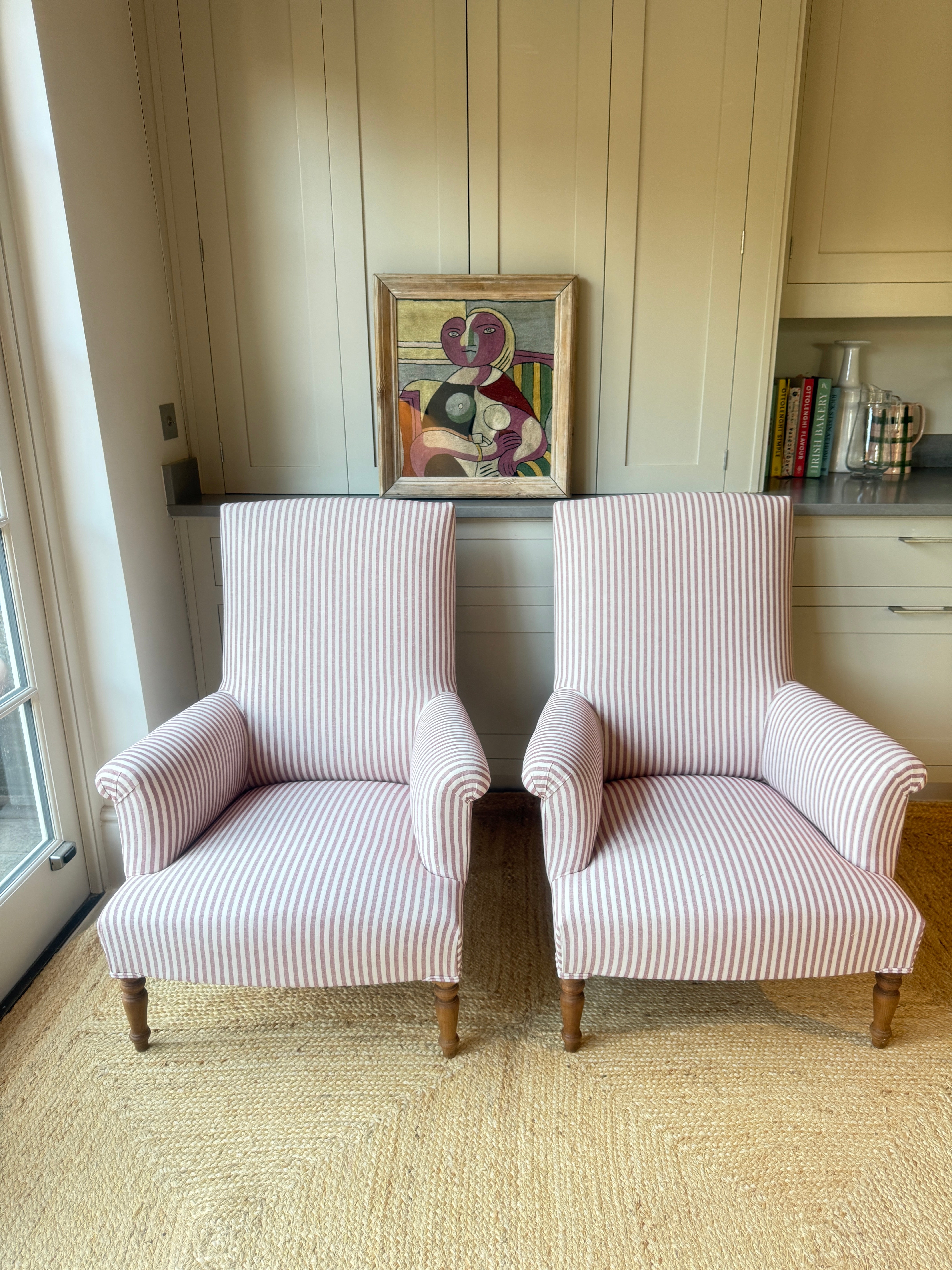Large Pair of French Armchairs in red and white ticking