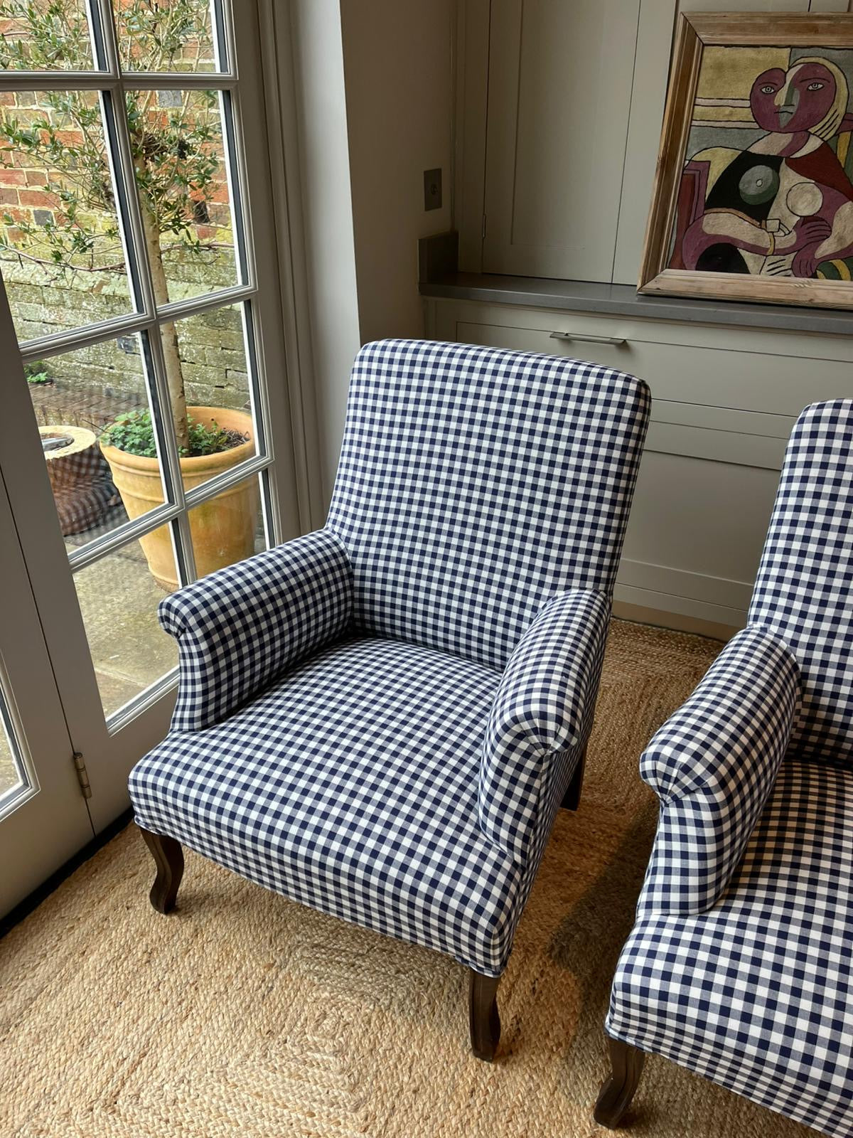 Pair of French Squareback Armchairs in Blue And White Gingham