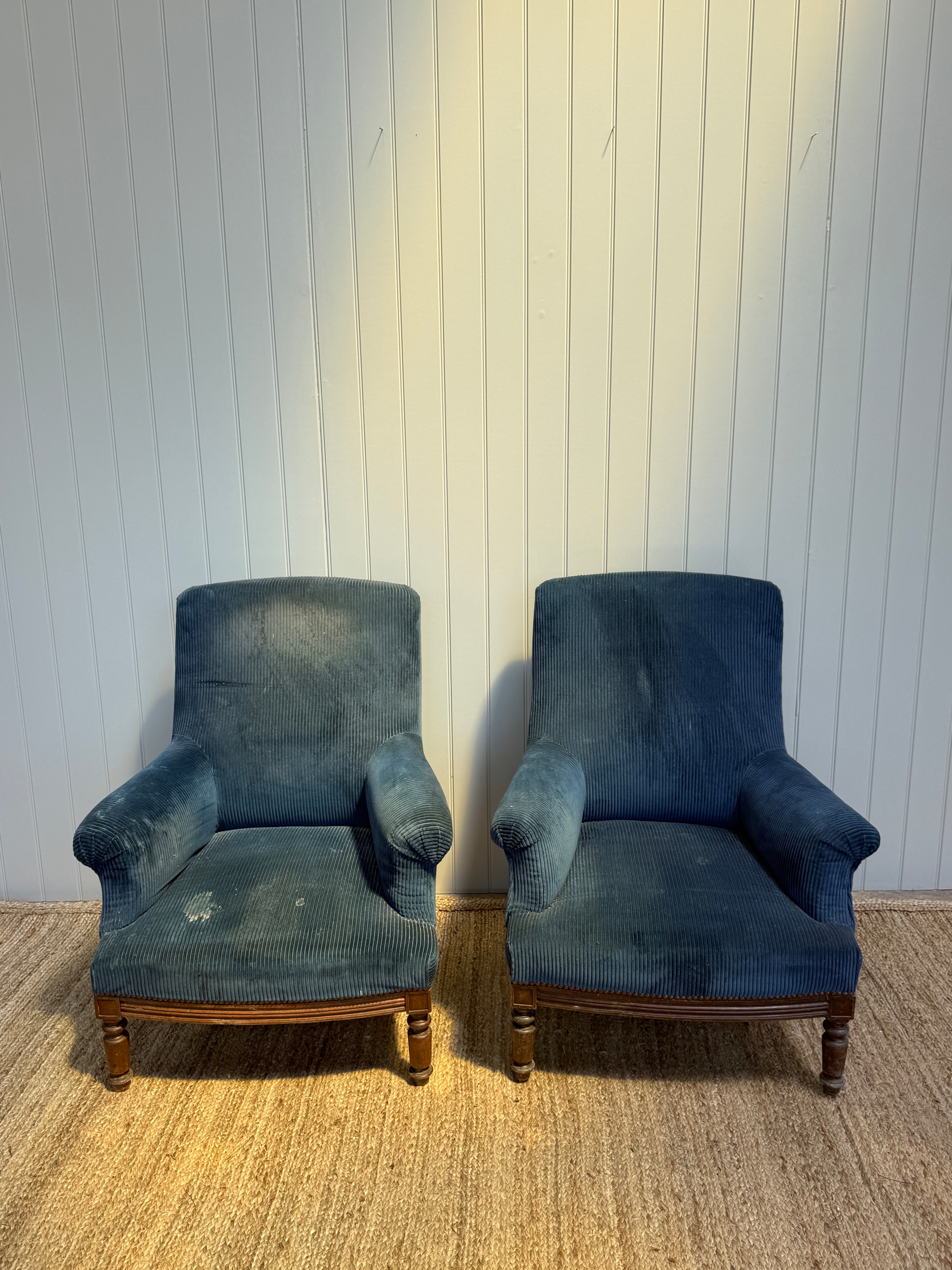 Pair of Square Back Armchairs in Navy Velvet