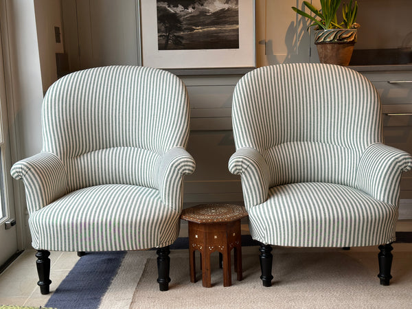 Large Pair of French Tub Chairs with Dark Green Ticking