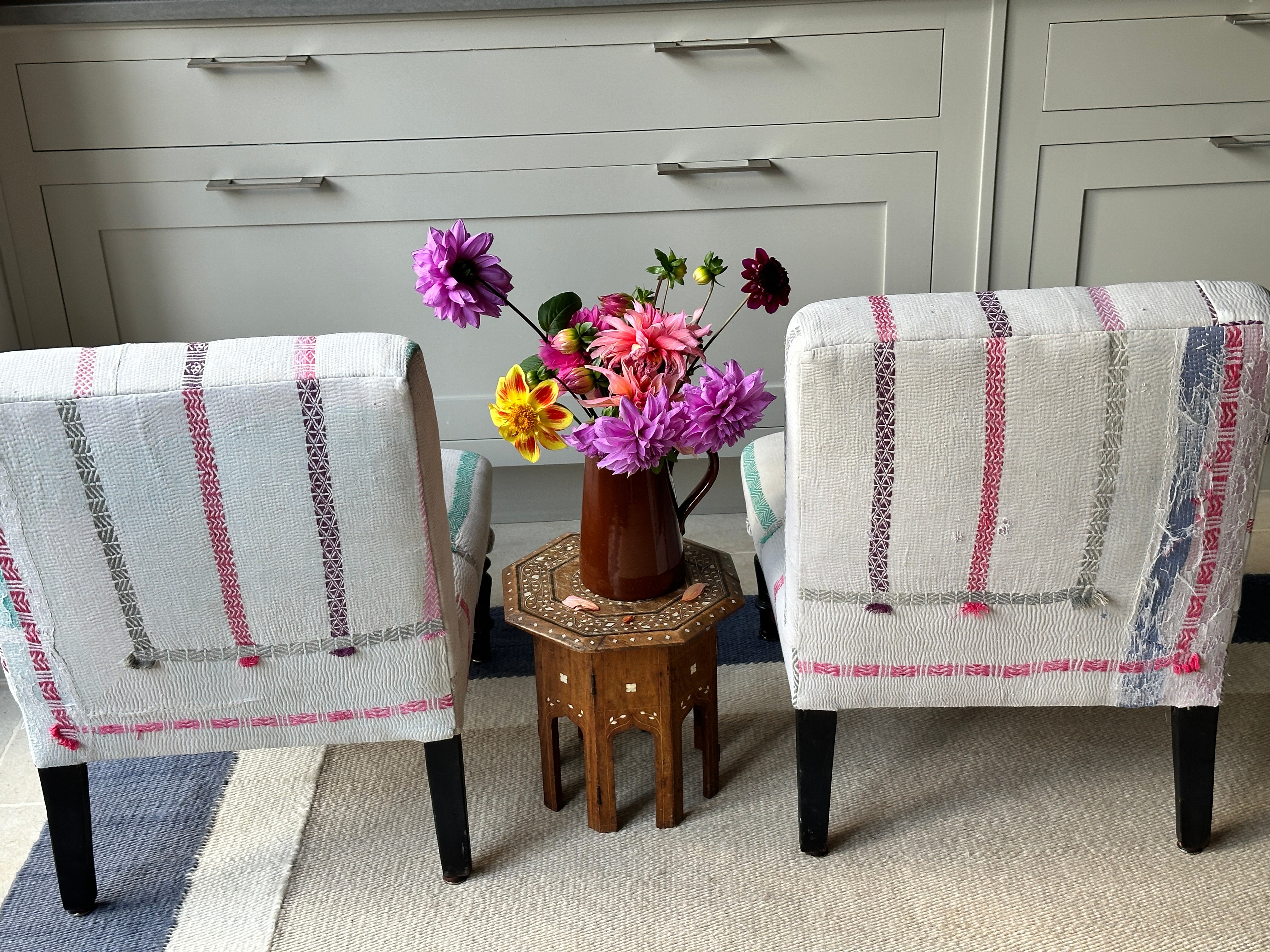 Sweet Pair of French Slipper Chairs in a Candy Striped Kantha