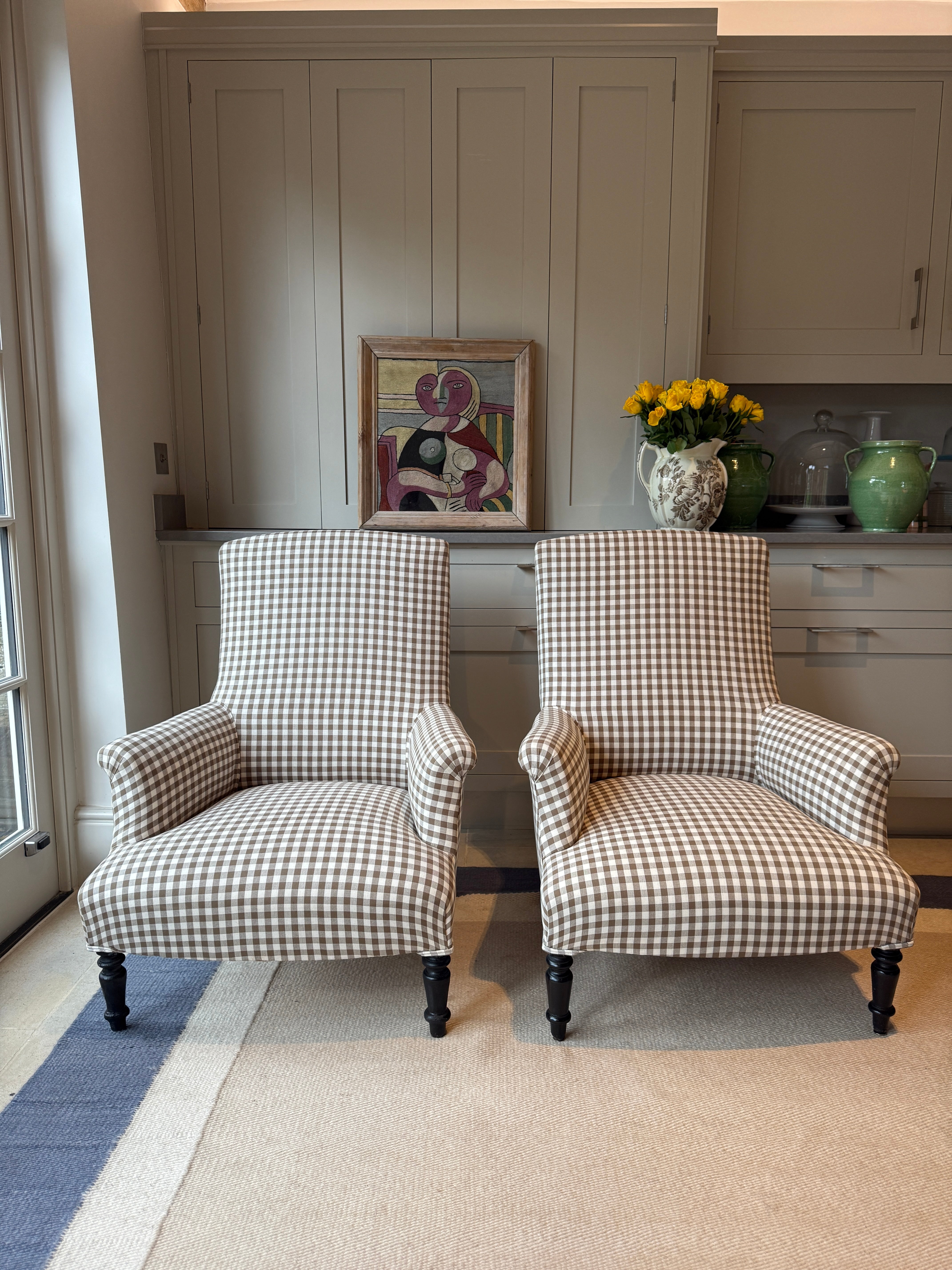Pair of French Squareback Chairs in Brown Gingham