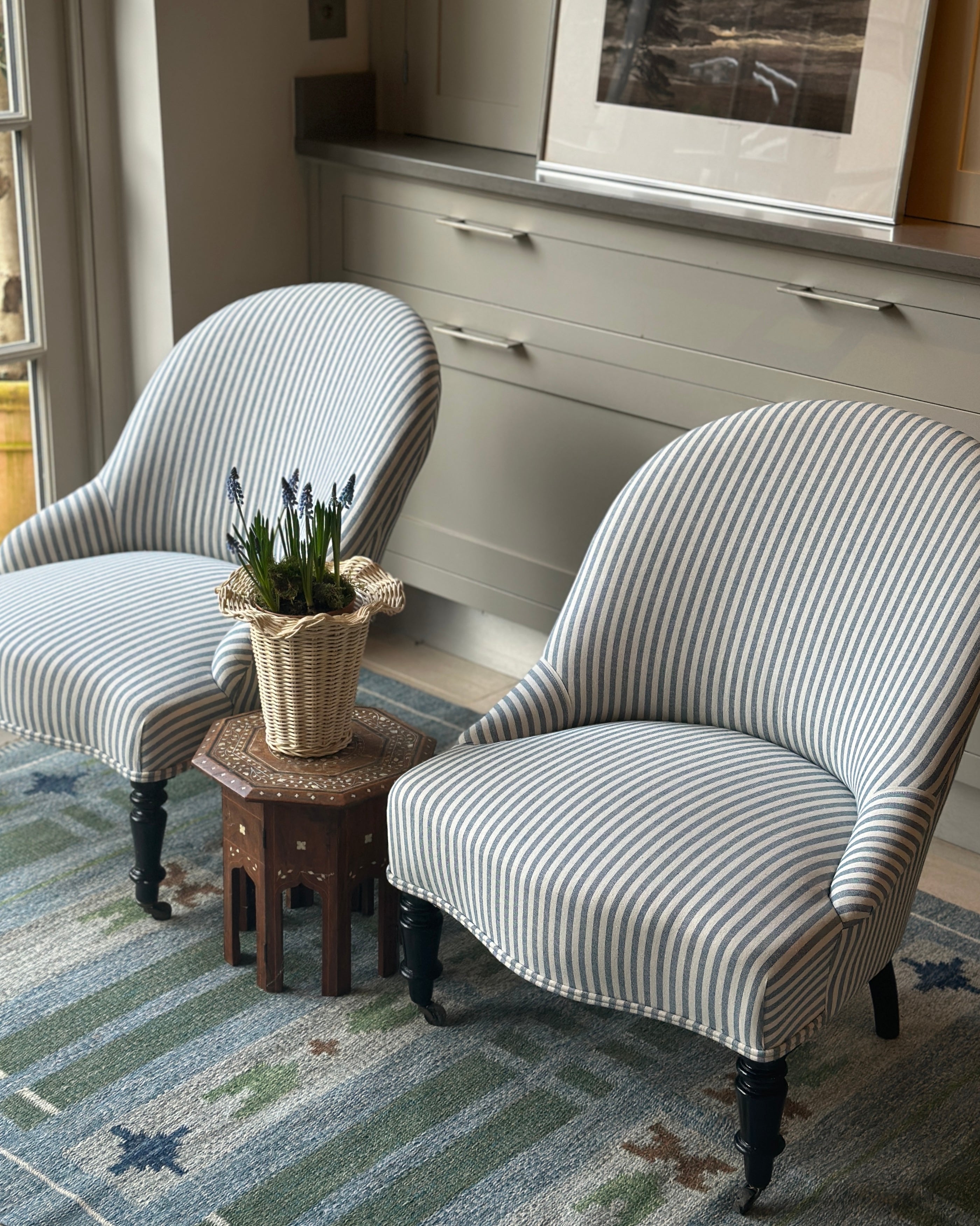 Pair of C19th French Slipper Chairs in Blue Ticking