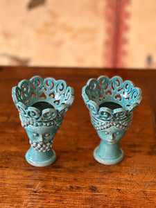 Pair of Small Turquoise Ceramic Vase or Candlesticks