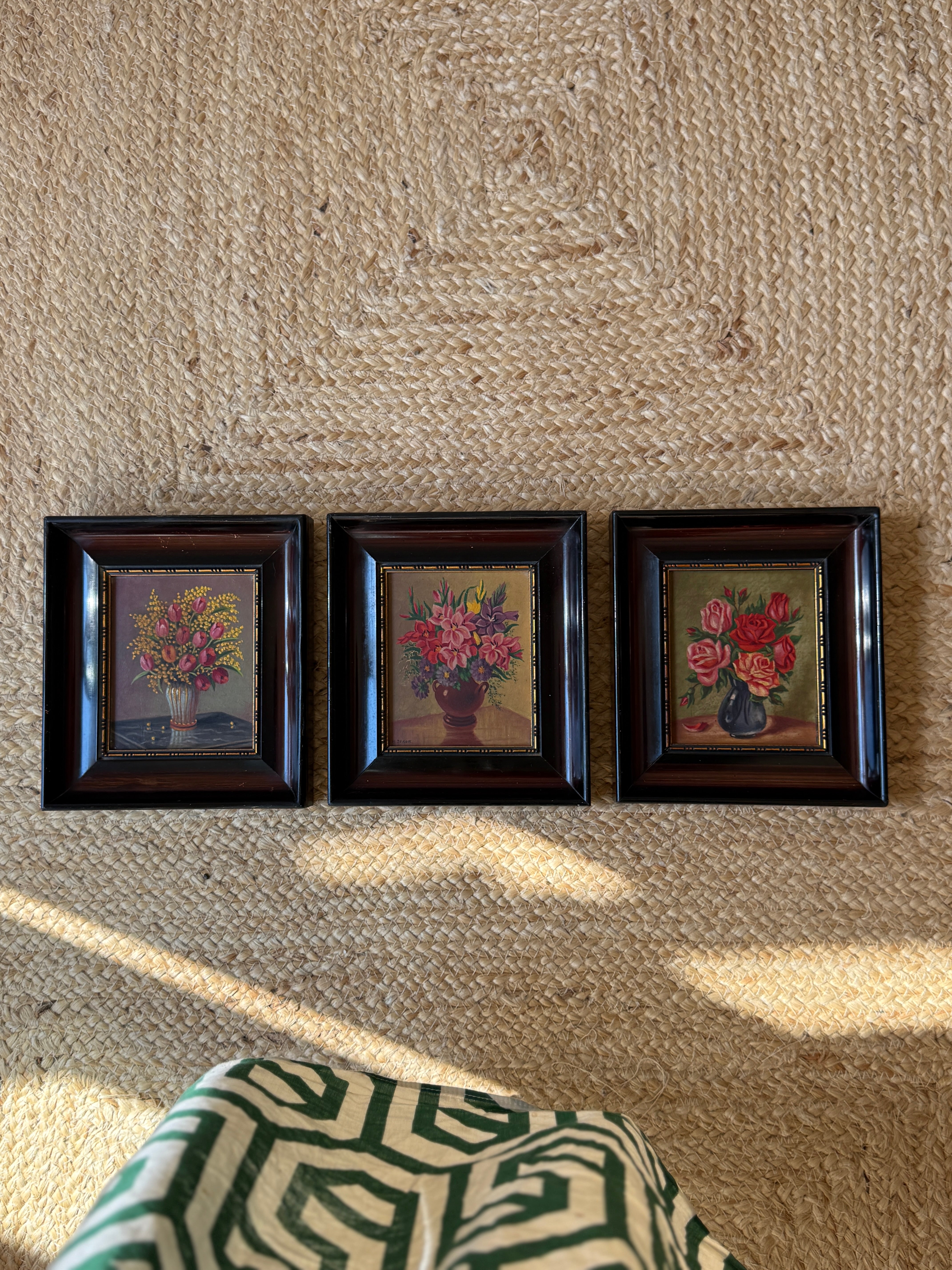 Set of 3 Small Floral Oil Pastel Paintings