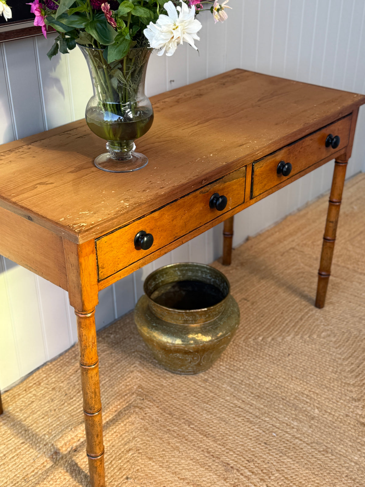 Regency Pine Side Table with Faux Bamboo Legs and Two Drawers
