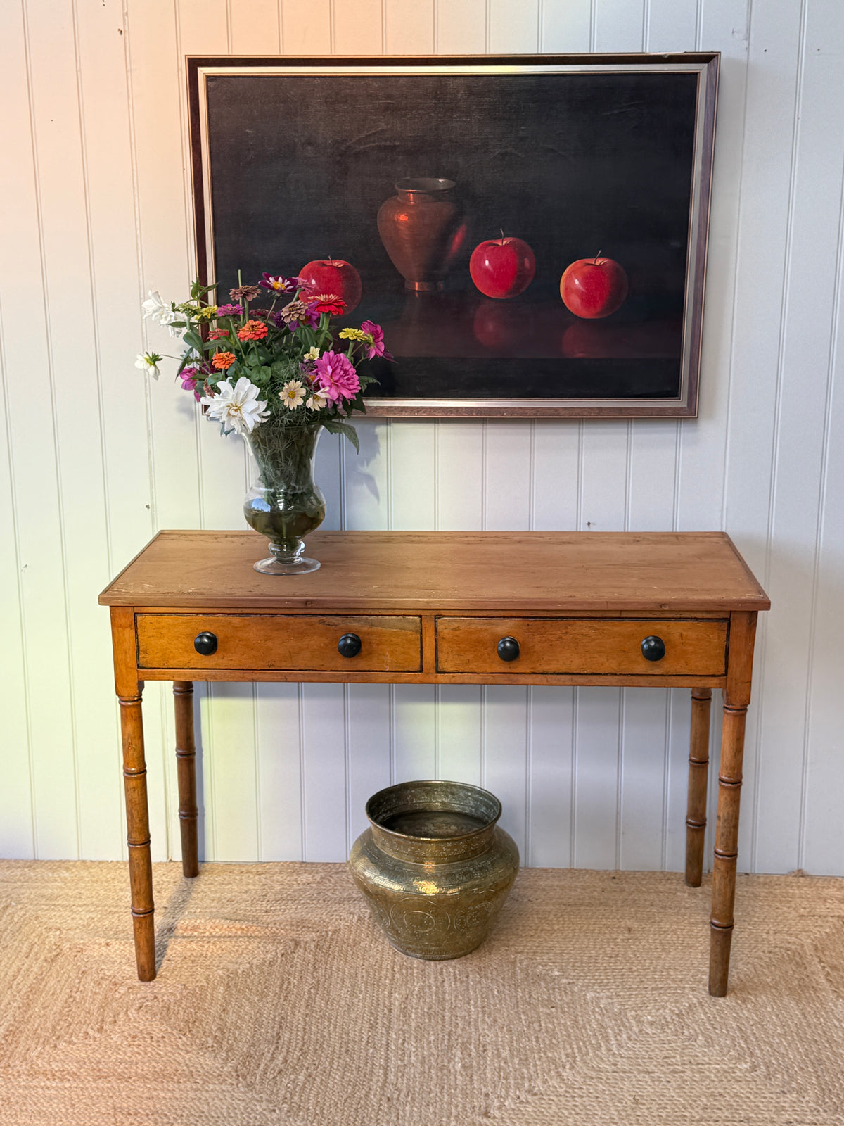 Regency Pine Side Table with Faux Bamboo Legs and Two Drawers