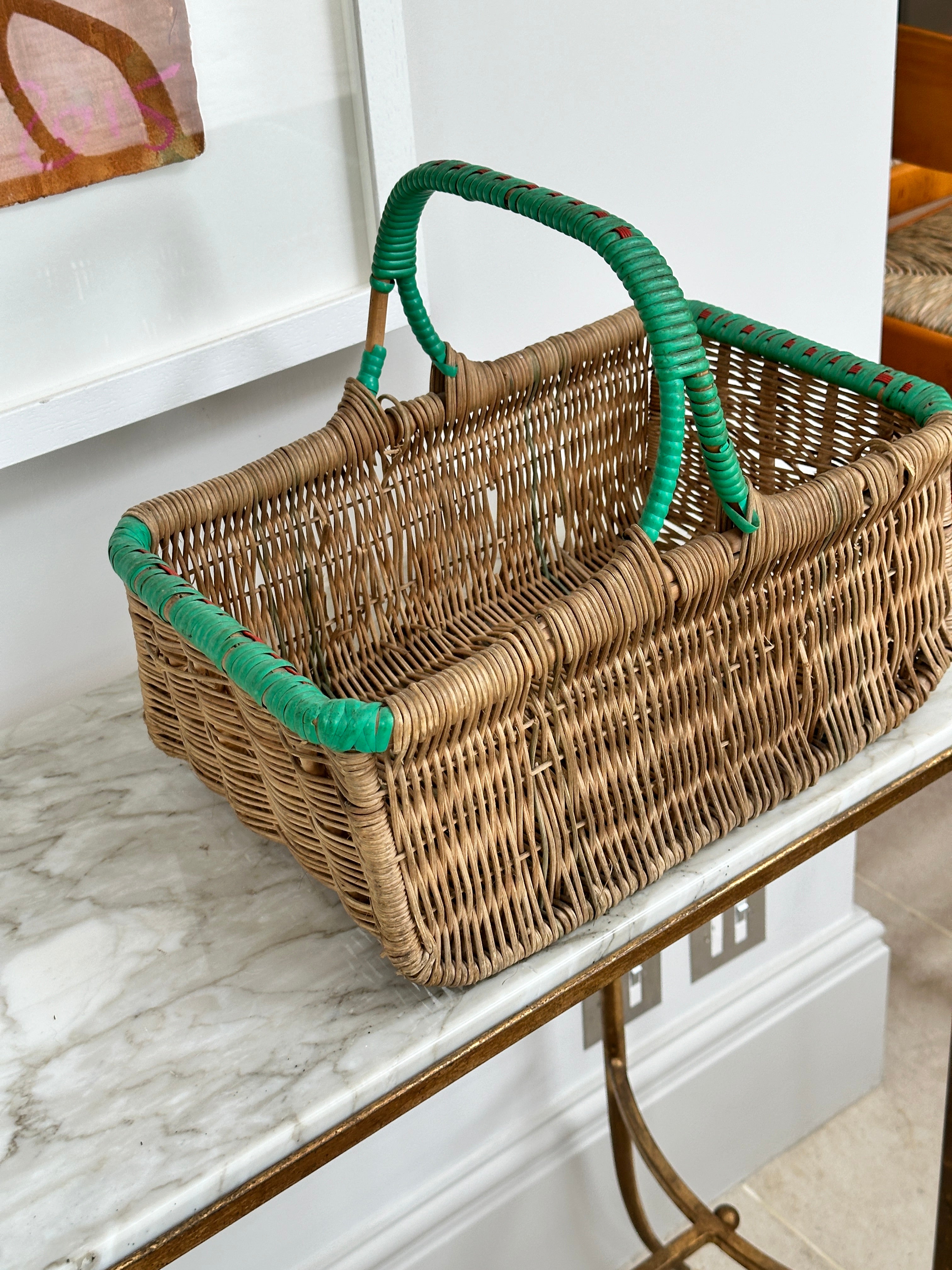 Vintage Basket with Green handle and accents