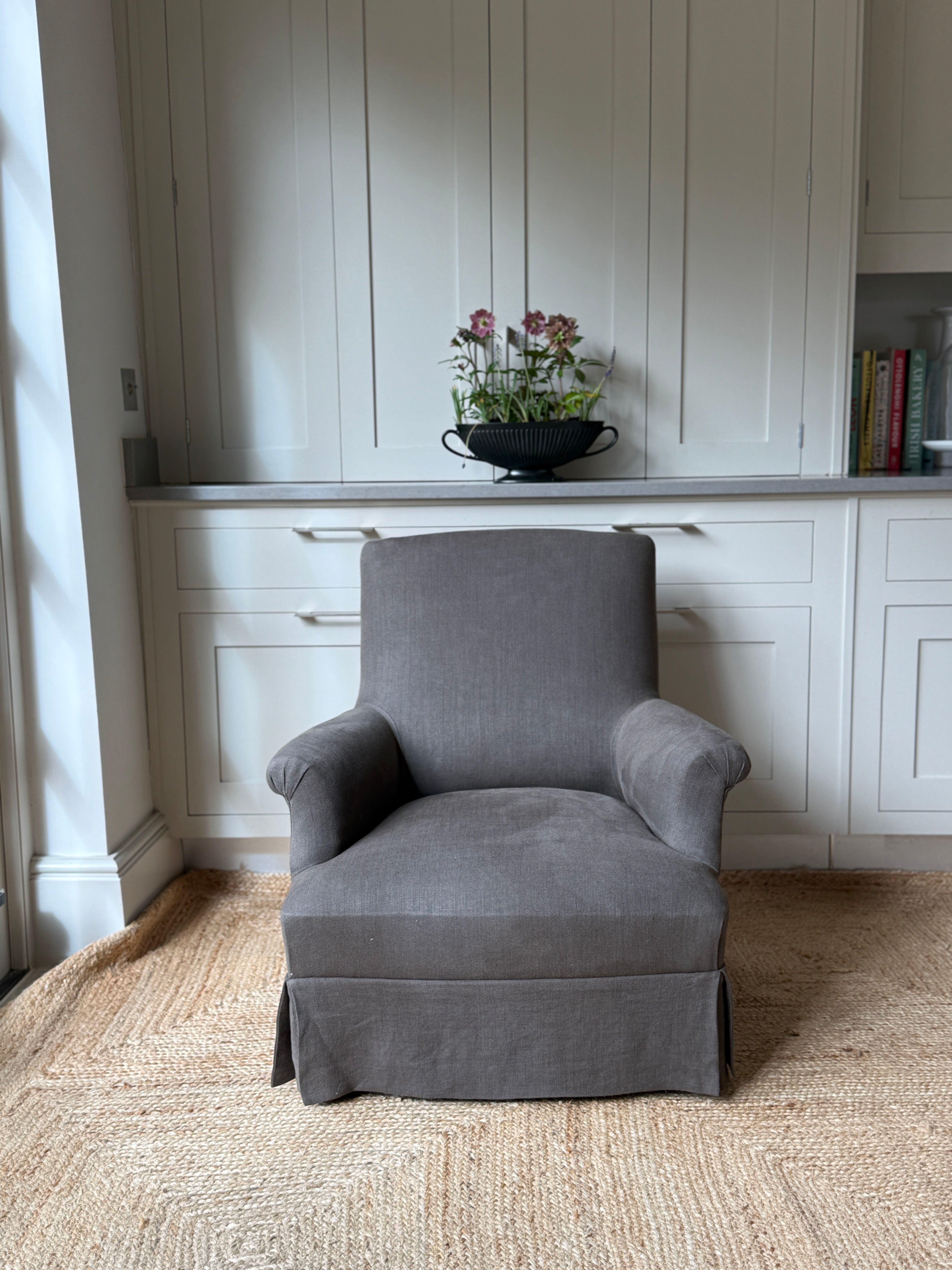 Single French Armchair in Heavy Brown Linen