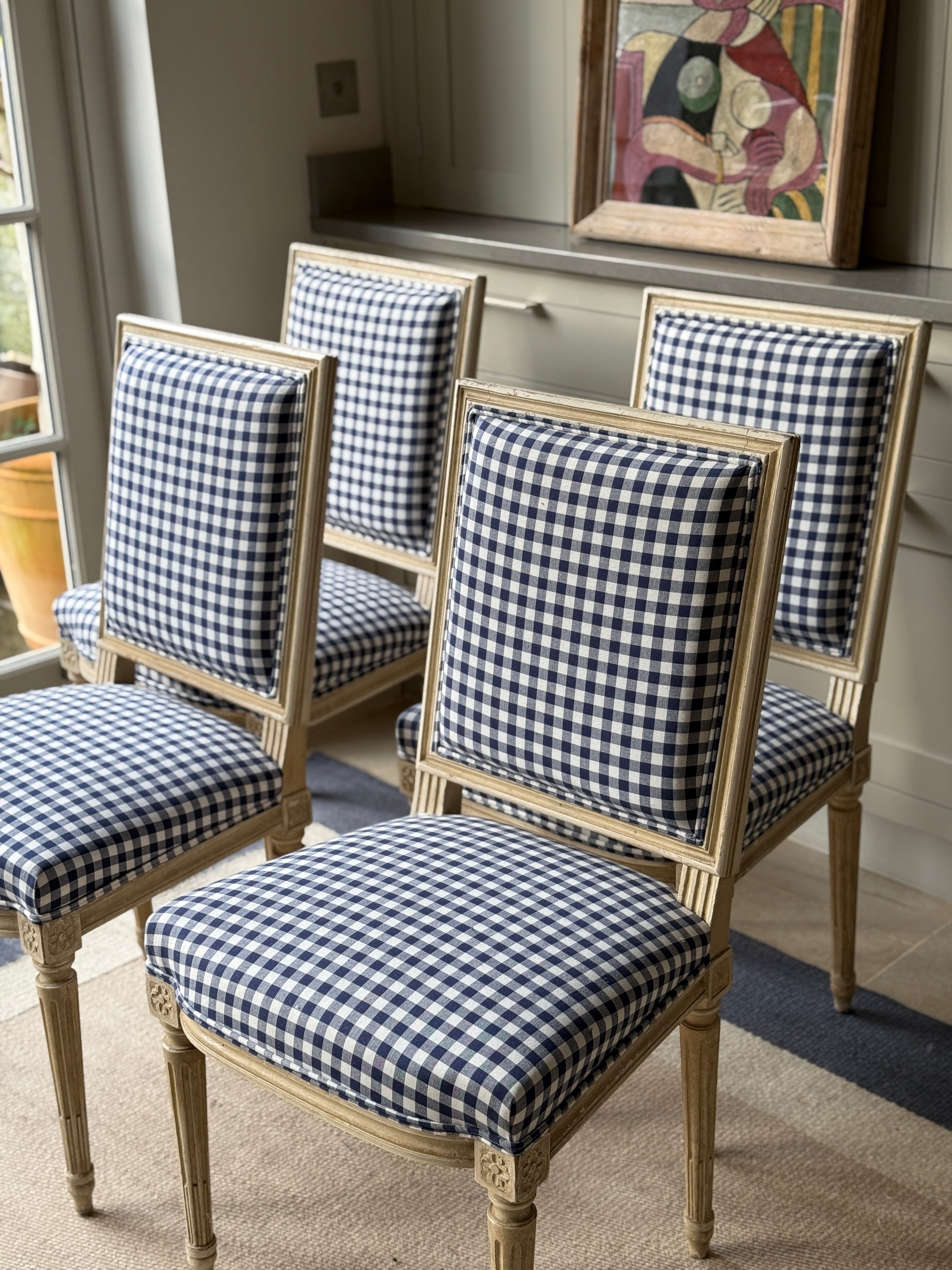 Set of 4 French Dining Chairs in Blue and White Gingham