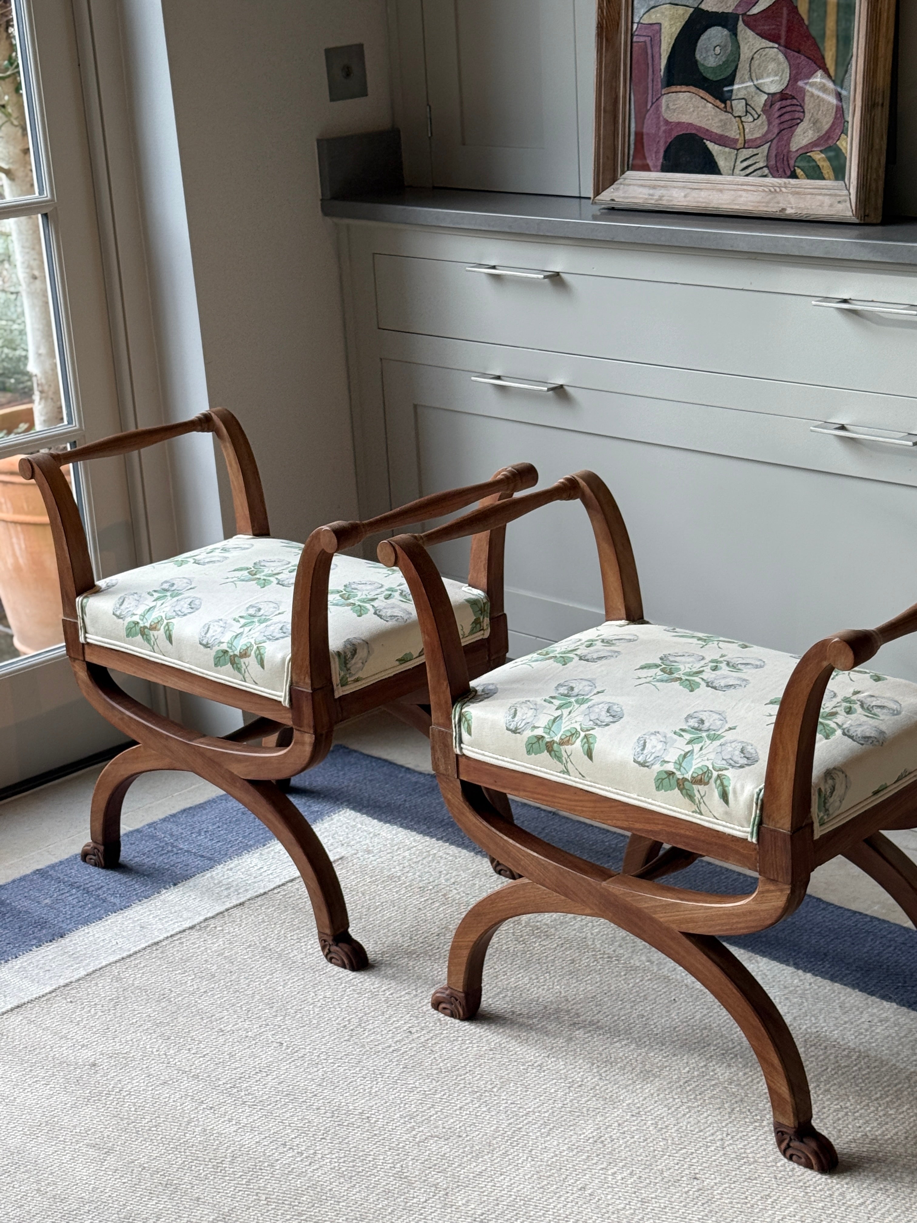 Pair of Bleached Mahogany X Frame Stools Upholstered in Colefax and Fowler Bowood