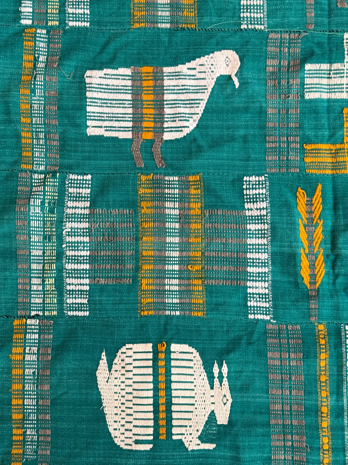 Senufo Hand-Woven Cotton Textile, Teal Green with Figurative Motifs