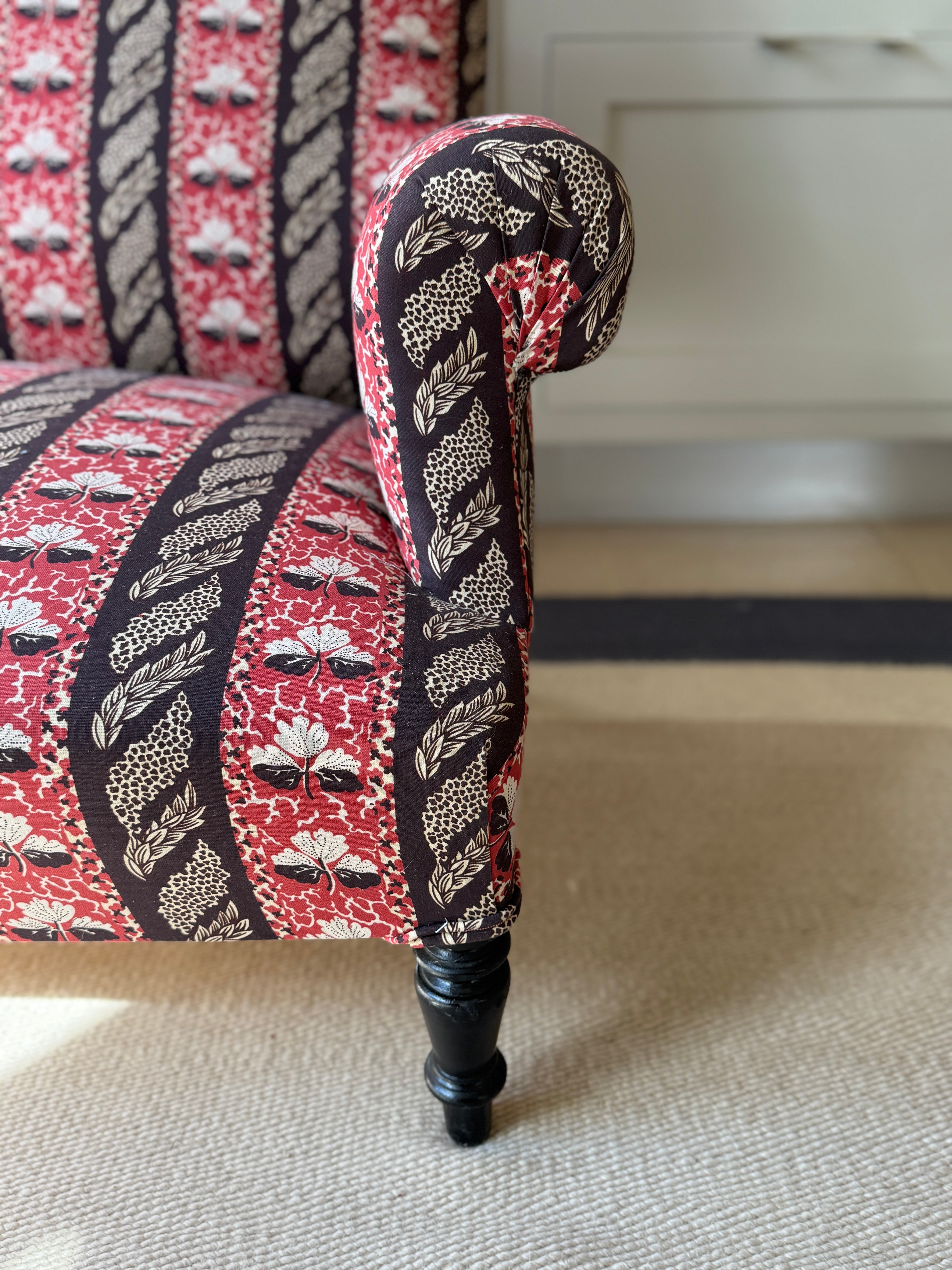 Small Napoleon III Squareback Sofa in Strawberry Leaf by Sybil Colefax
