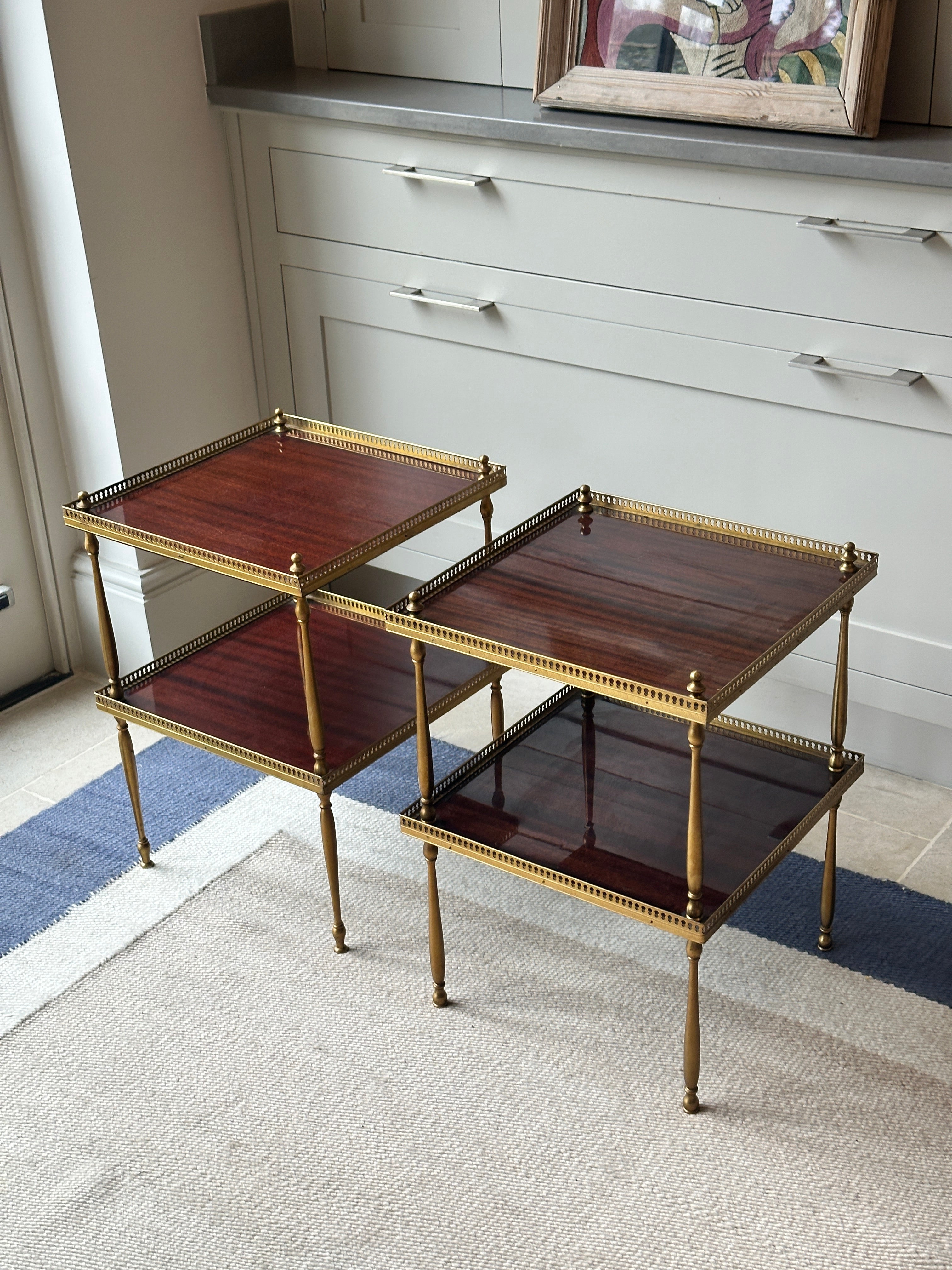 Pair of Mid Century Danish Brass and Mahogany etageres