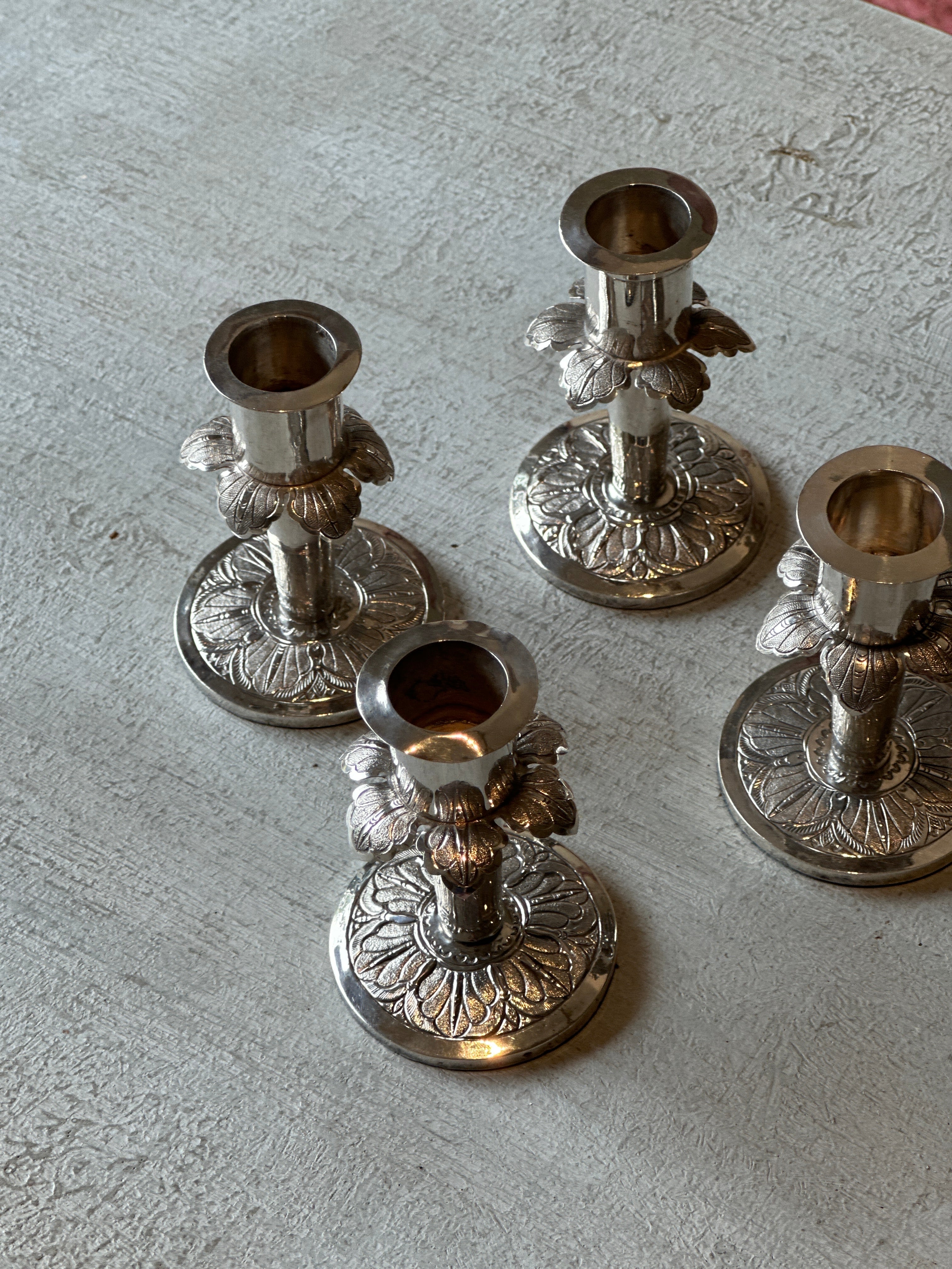 Charming Set of 4 Continental Silver Candlesticks with Petal Design