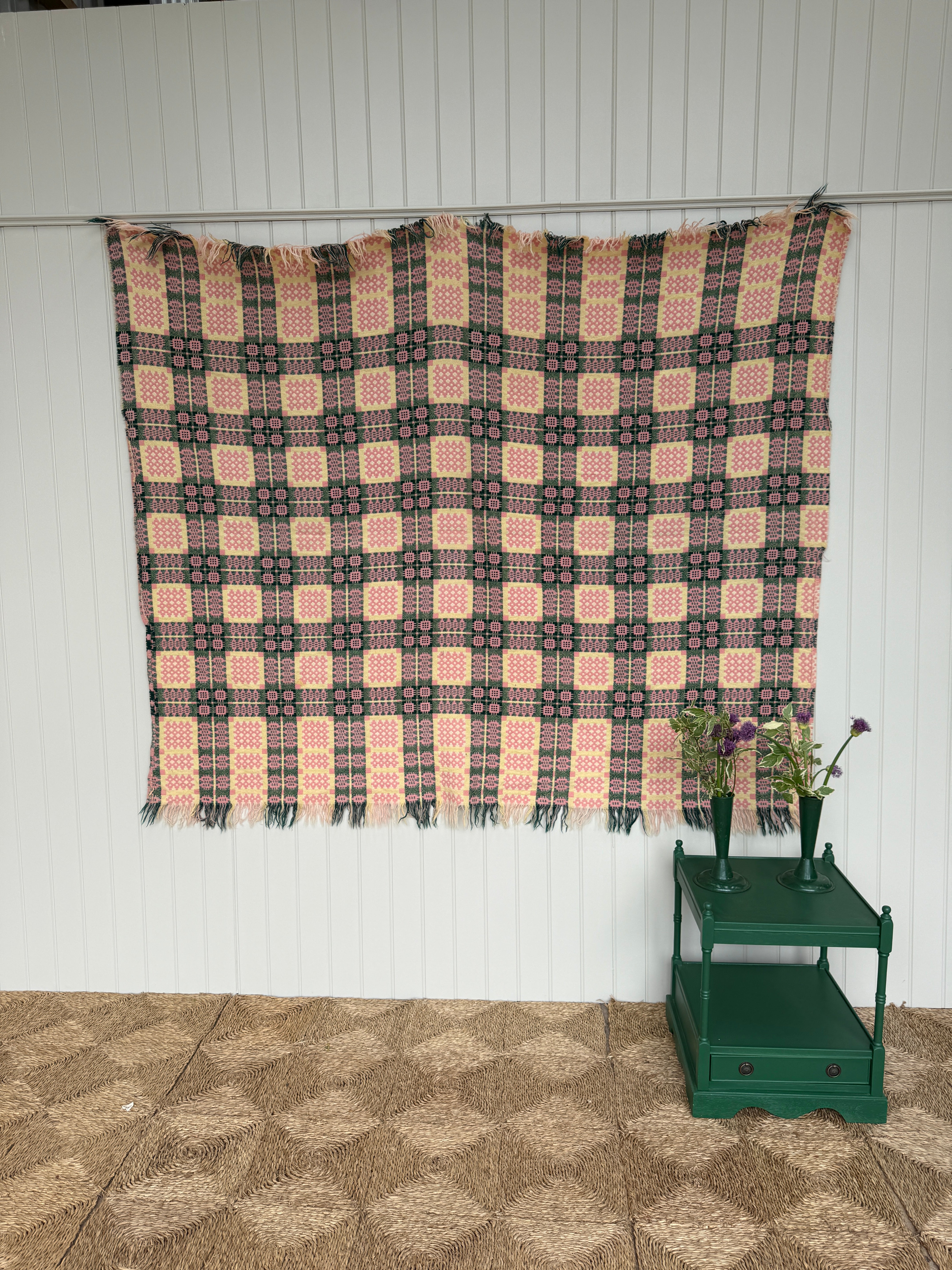 Vintage Welsh Blanket in Pink, Green and Yellow