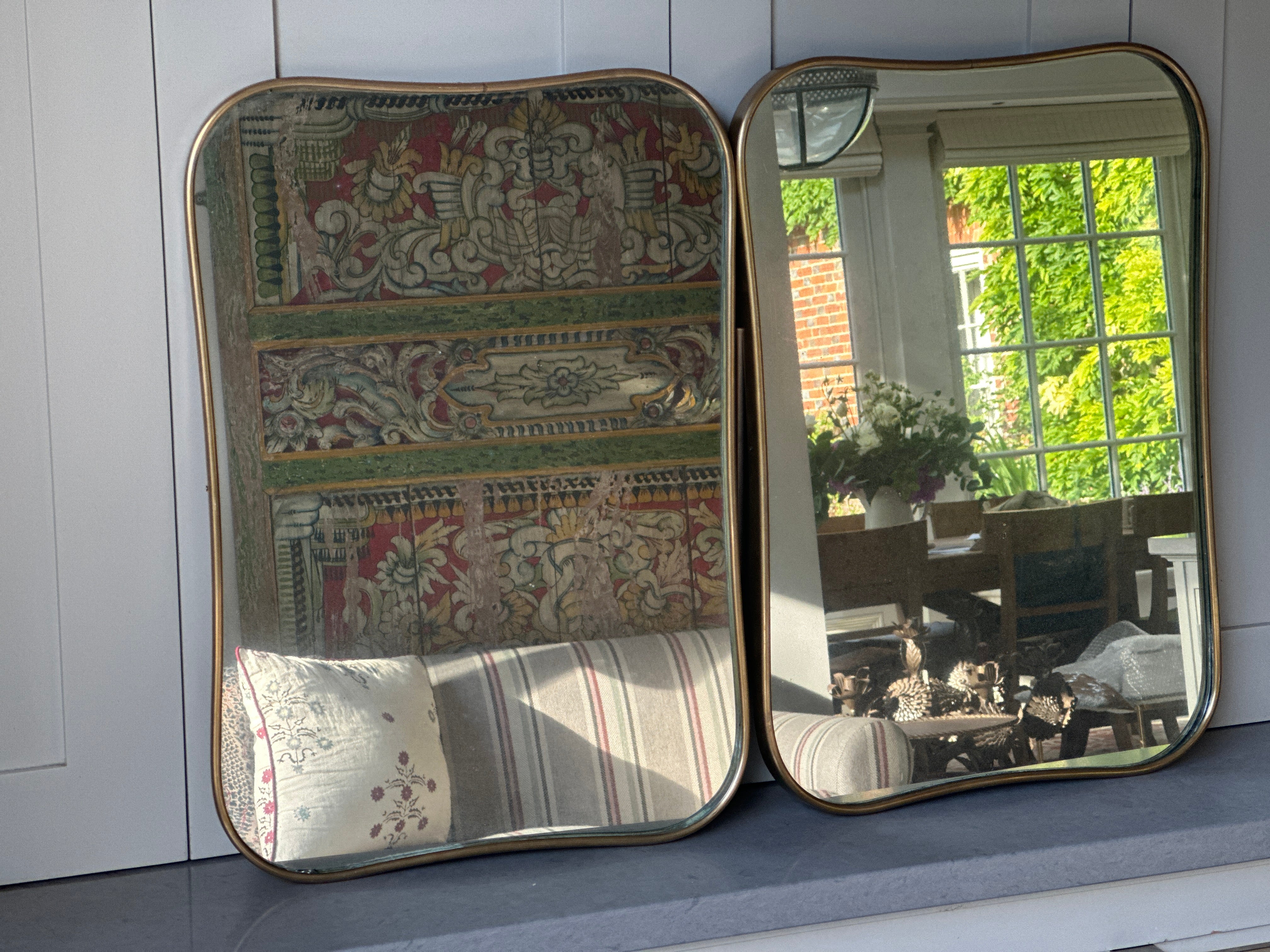 Matching Pair of Small Italian 1950s Brass Shield Mirrors