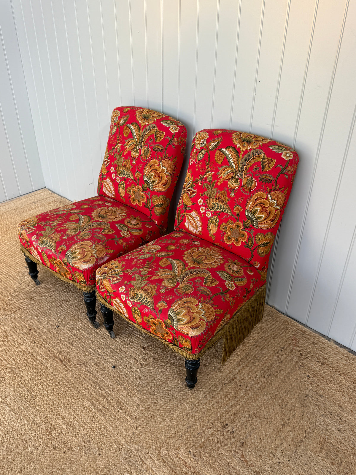 Pair of Large Solid Slipper Chairs in Red Floral Fabric