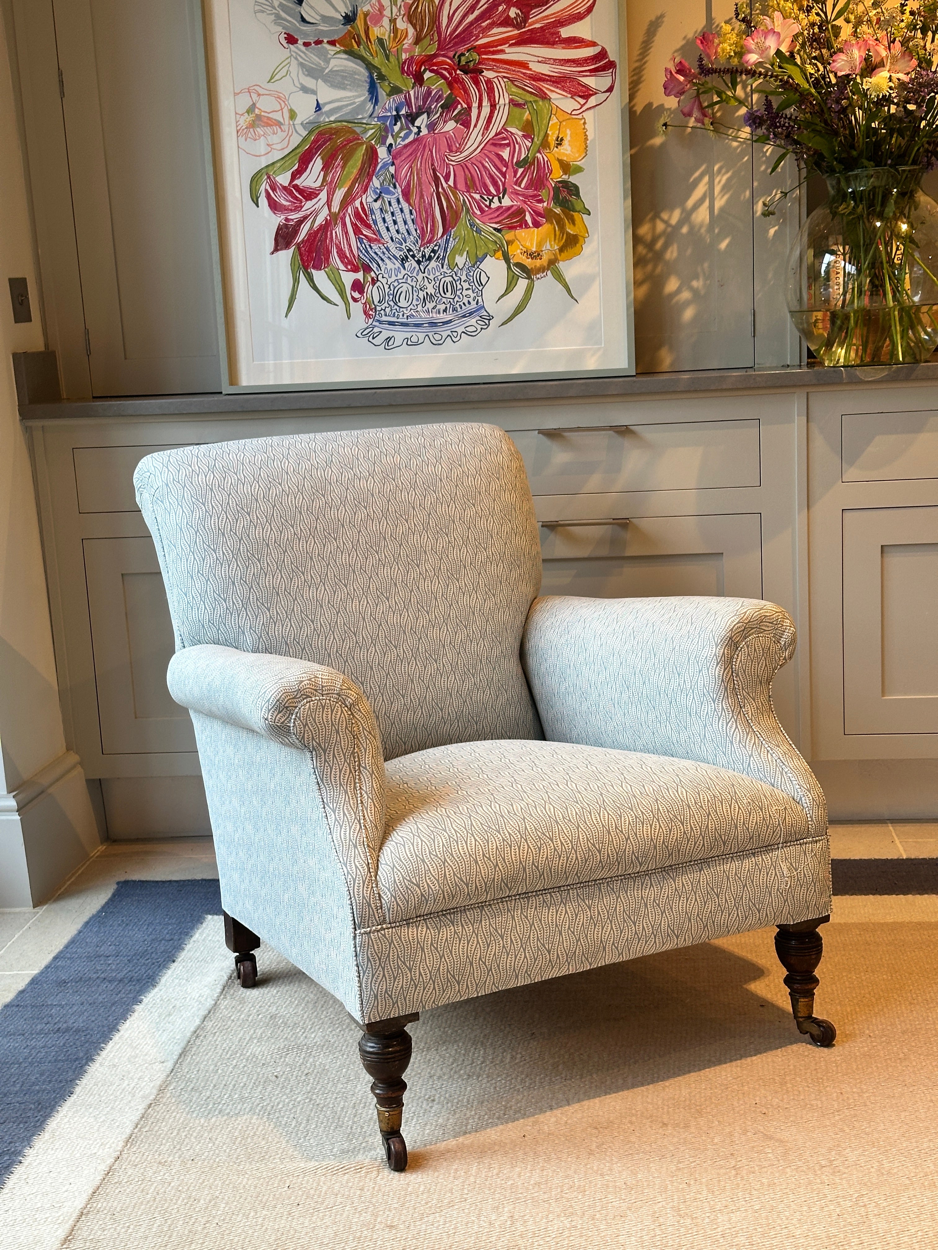 Large English 19th Century Armchair in Bennison Benjelloun Teal on Oyster