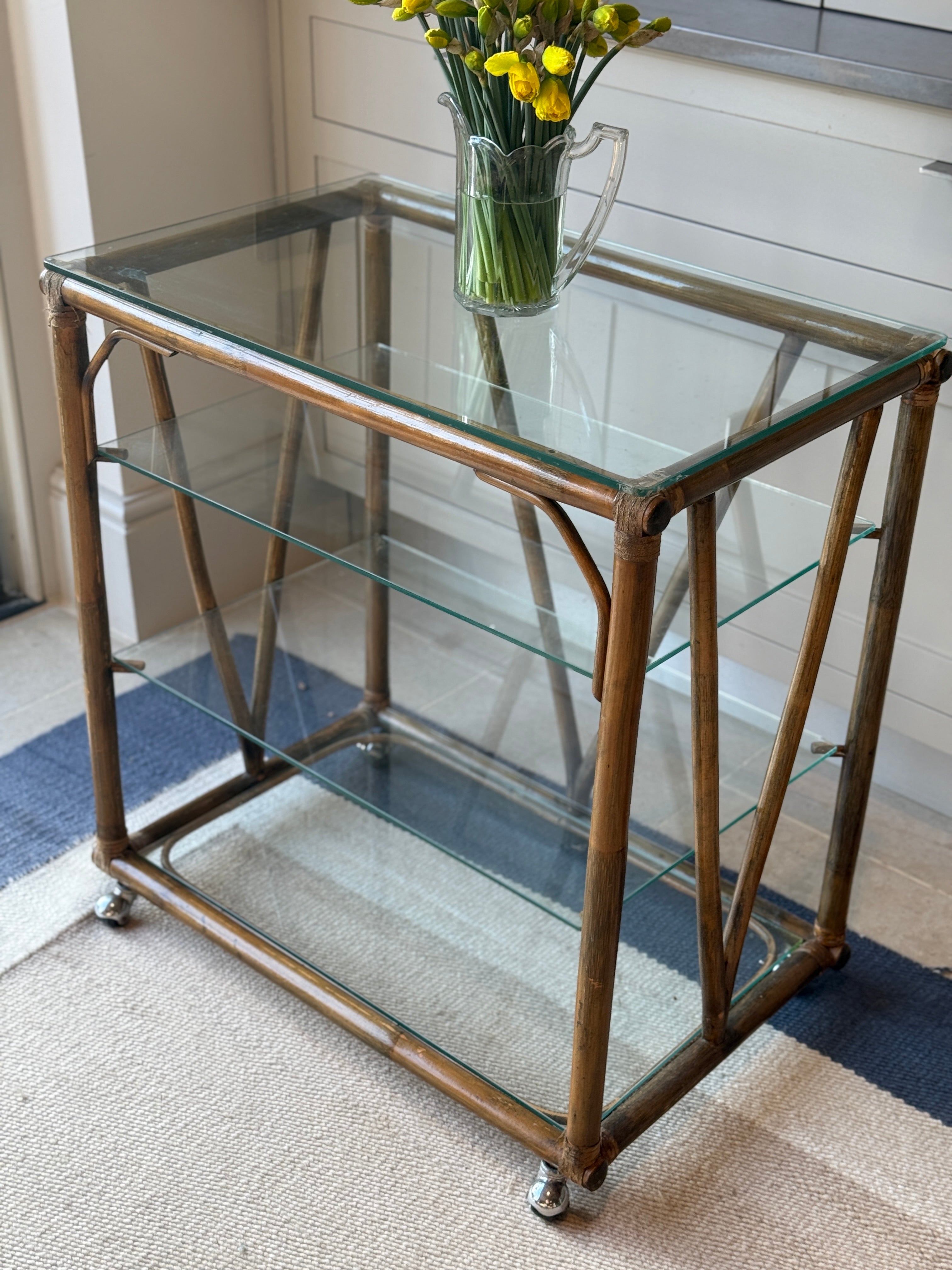 Italian Mid Century Cane & Glass Trolley