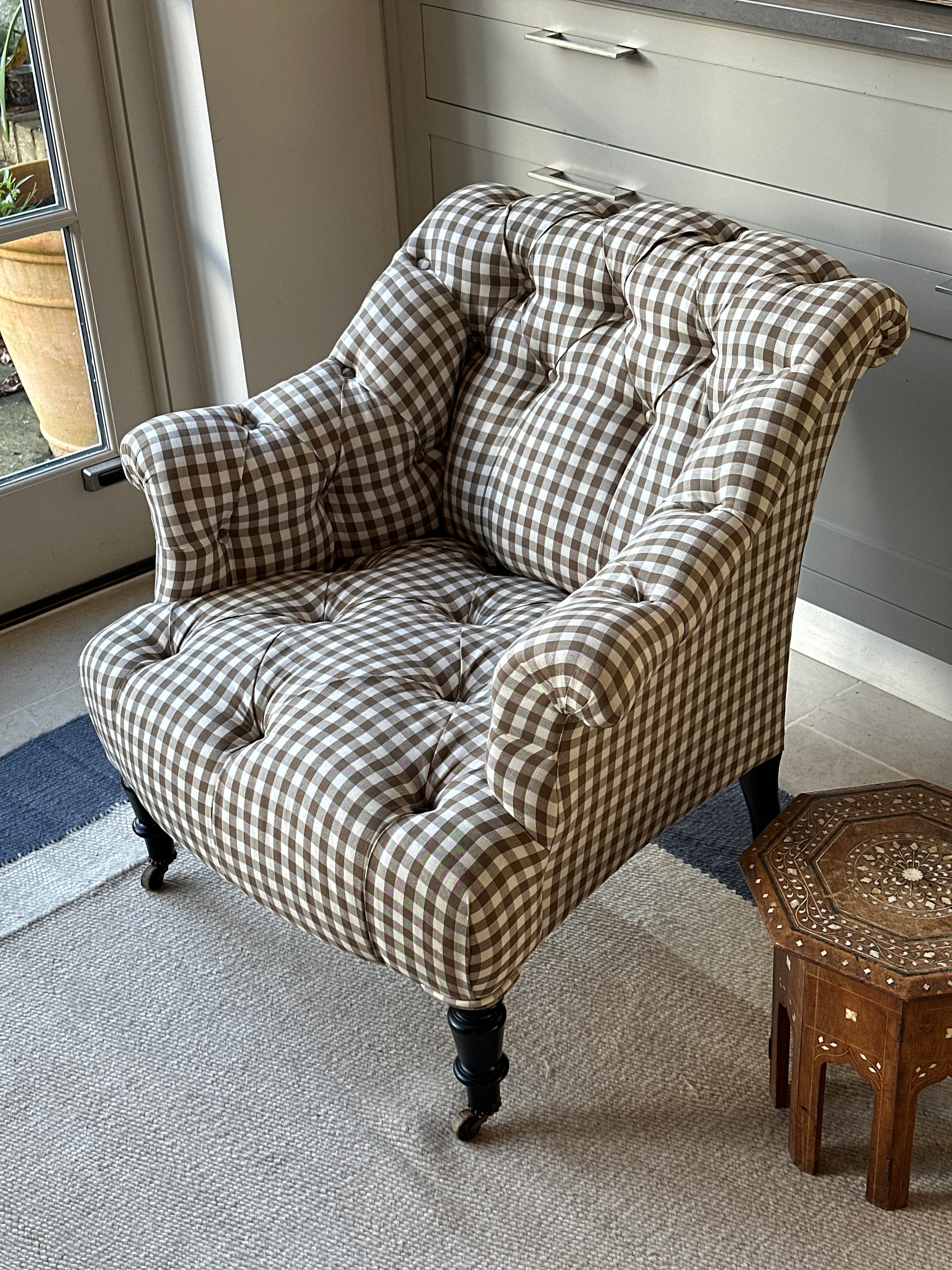 Small French Button Back Chair in Brown Gingham