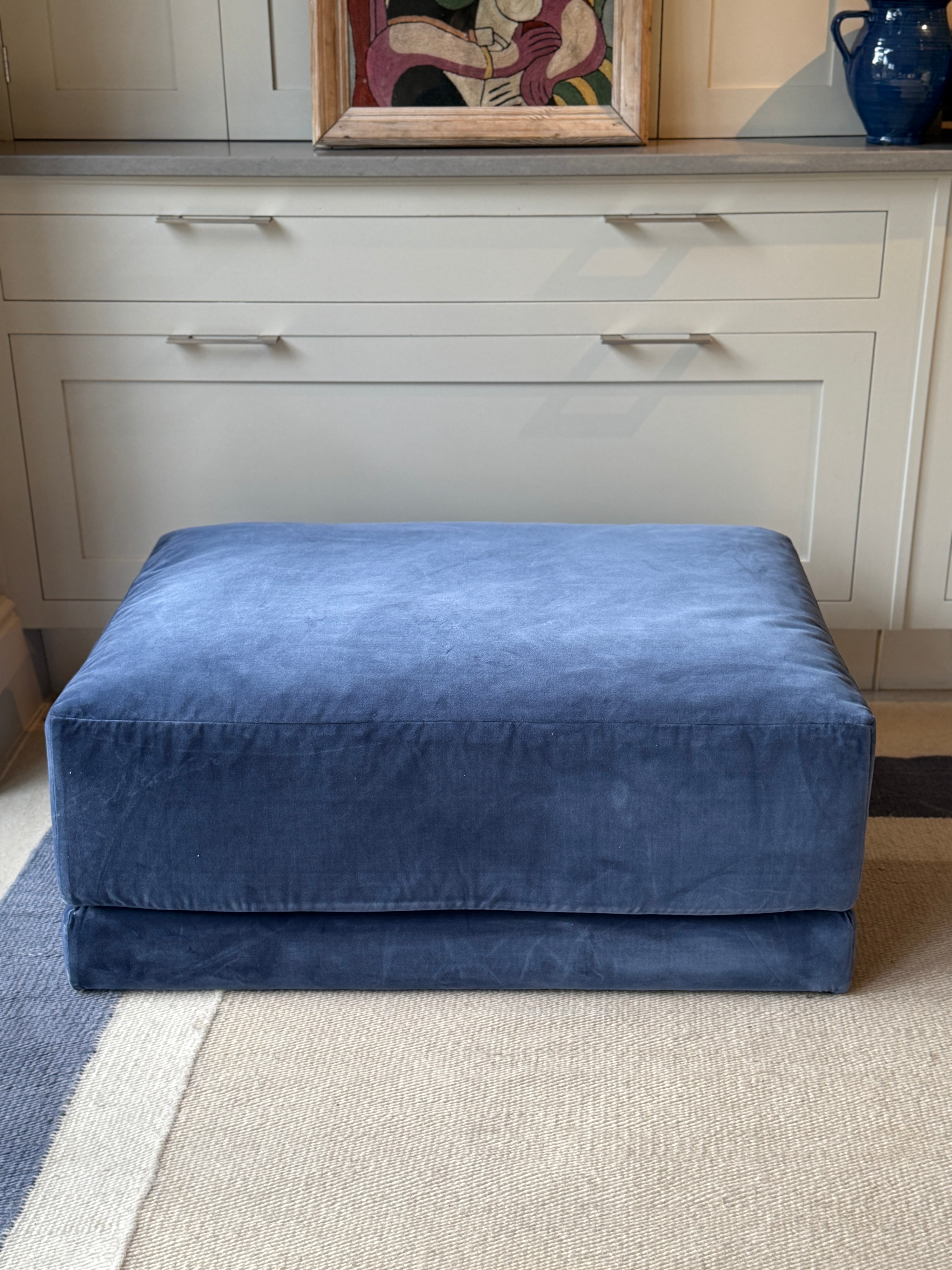 Navy Velvet Modern Ottoman