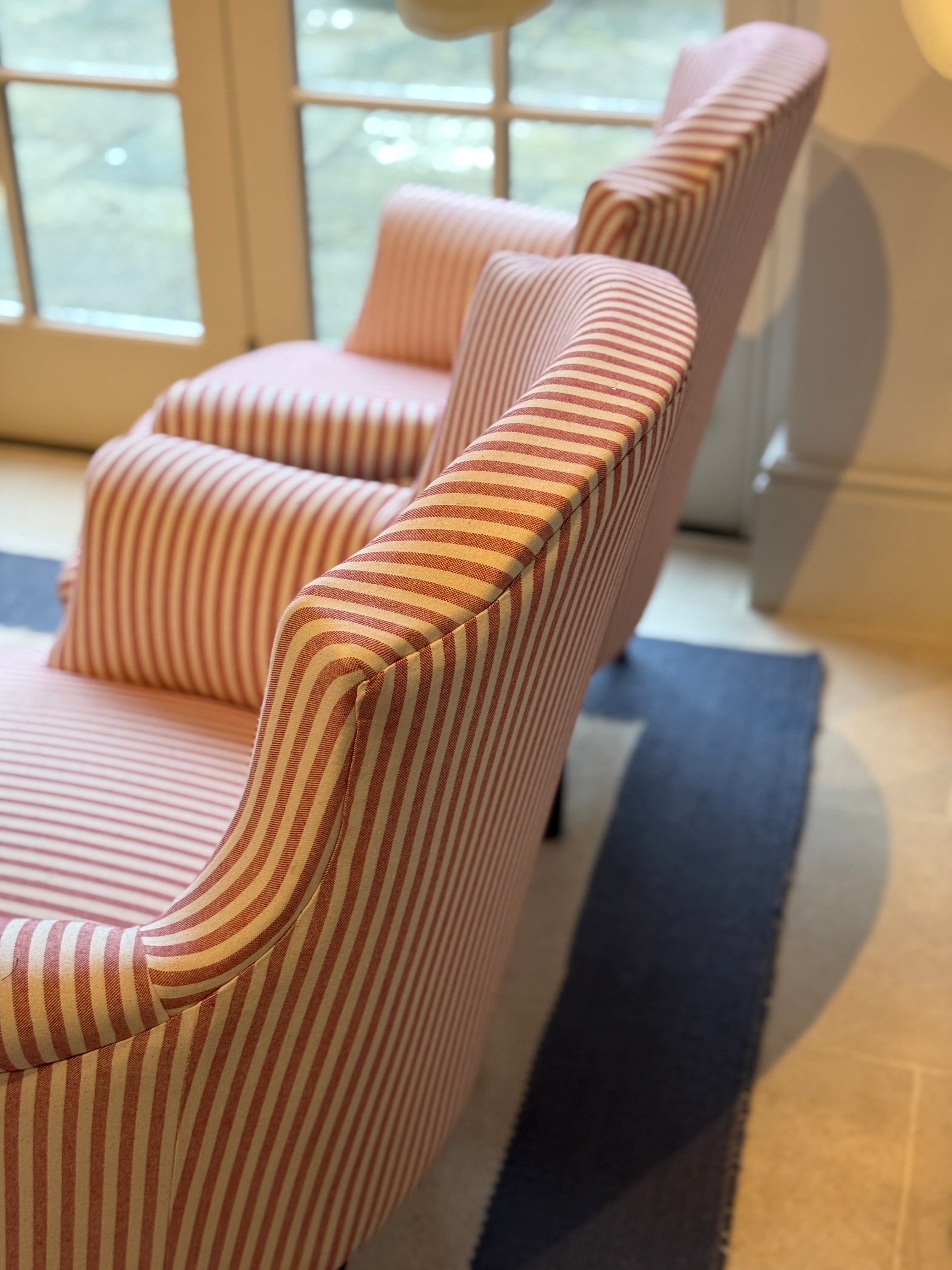 Pair Napoleon III Crapaud Chairs in Red and White Ticking