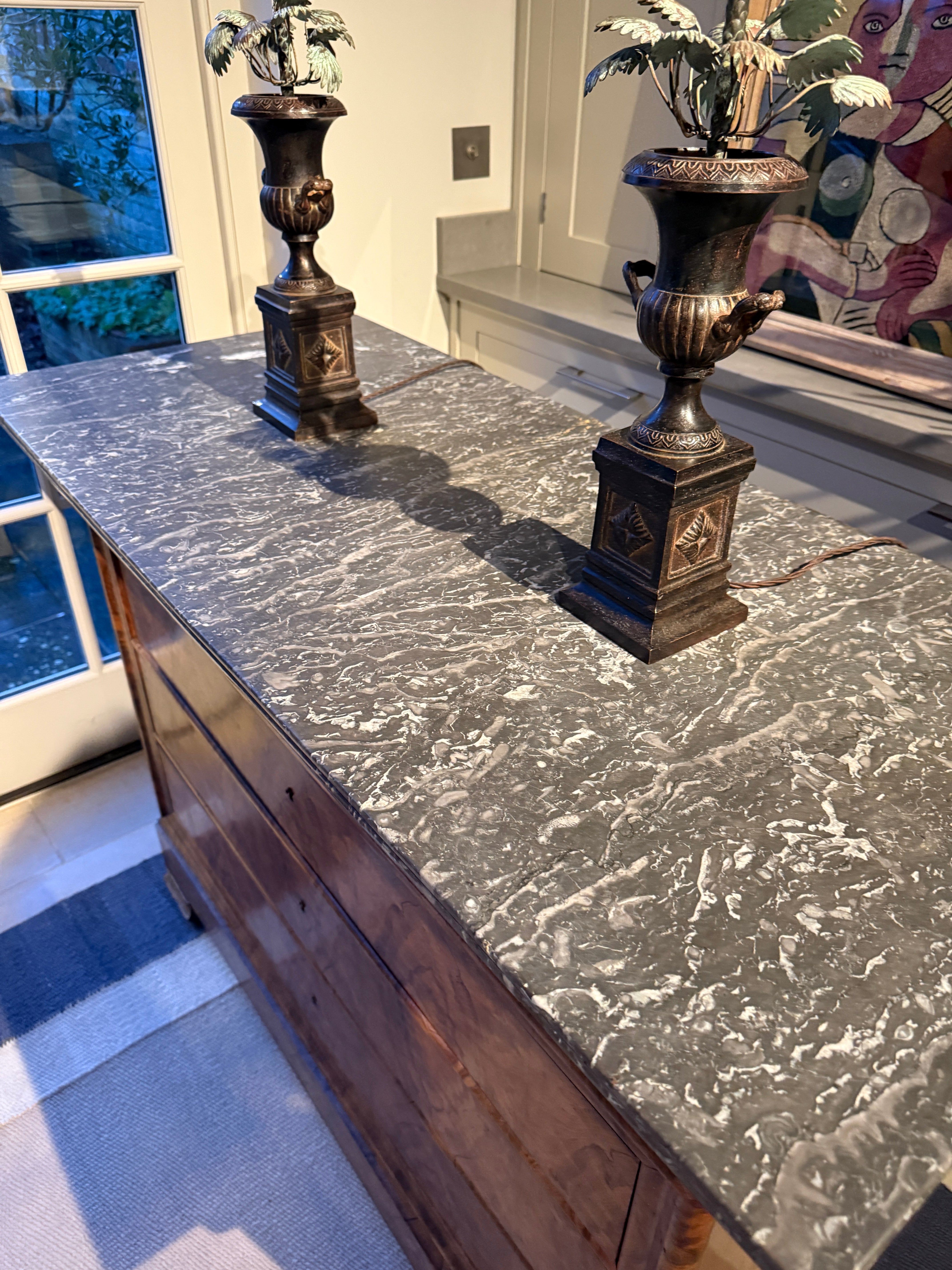 French Louis-Philippe walnut commode with grey marble top, circa 1835–1848