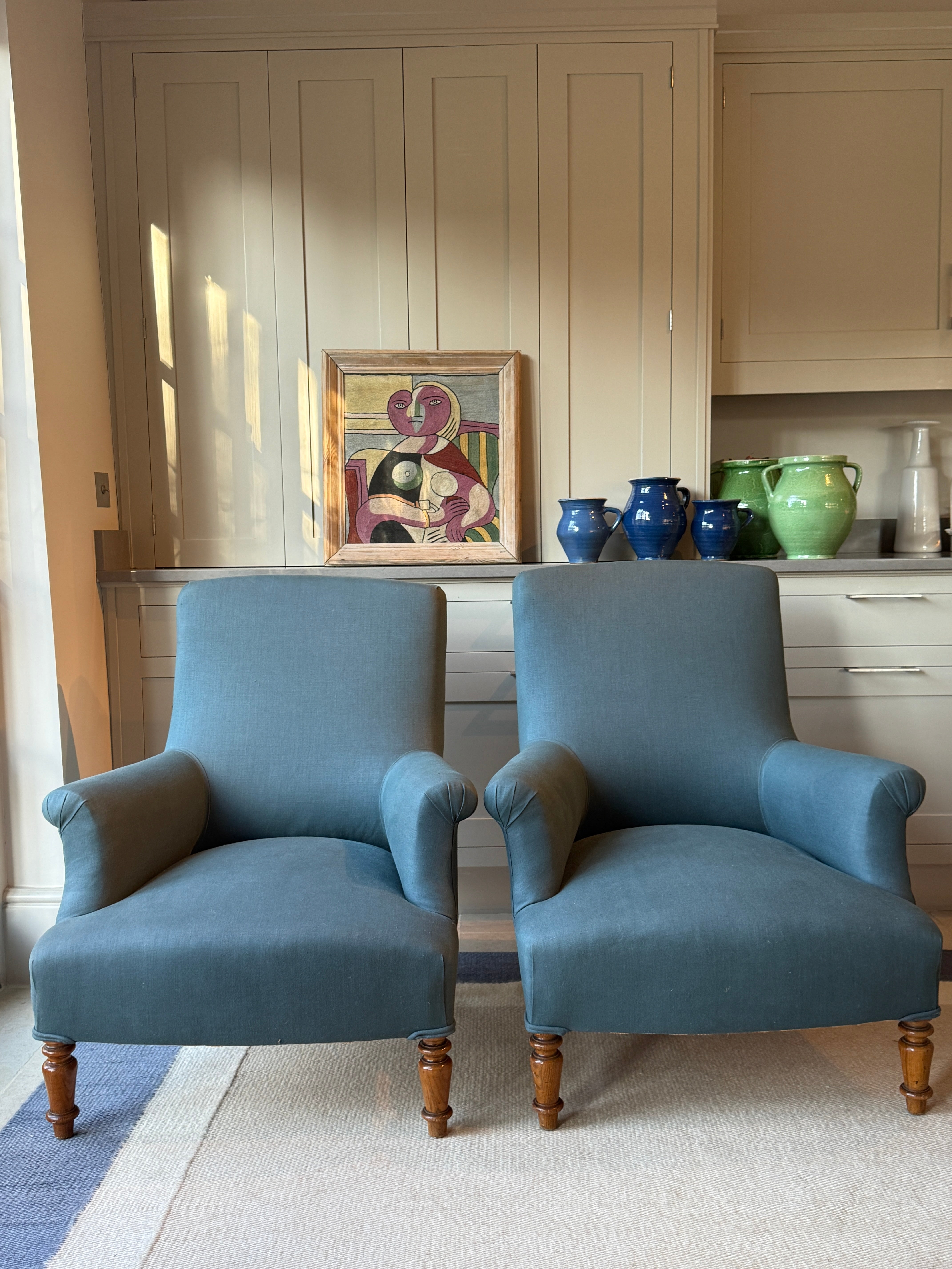 Pair of Armchairs in an RAF blue linen