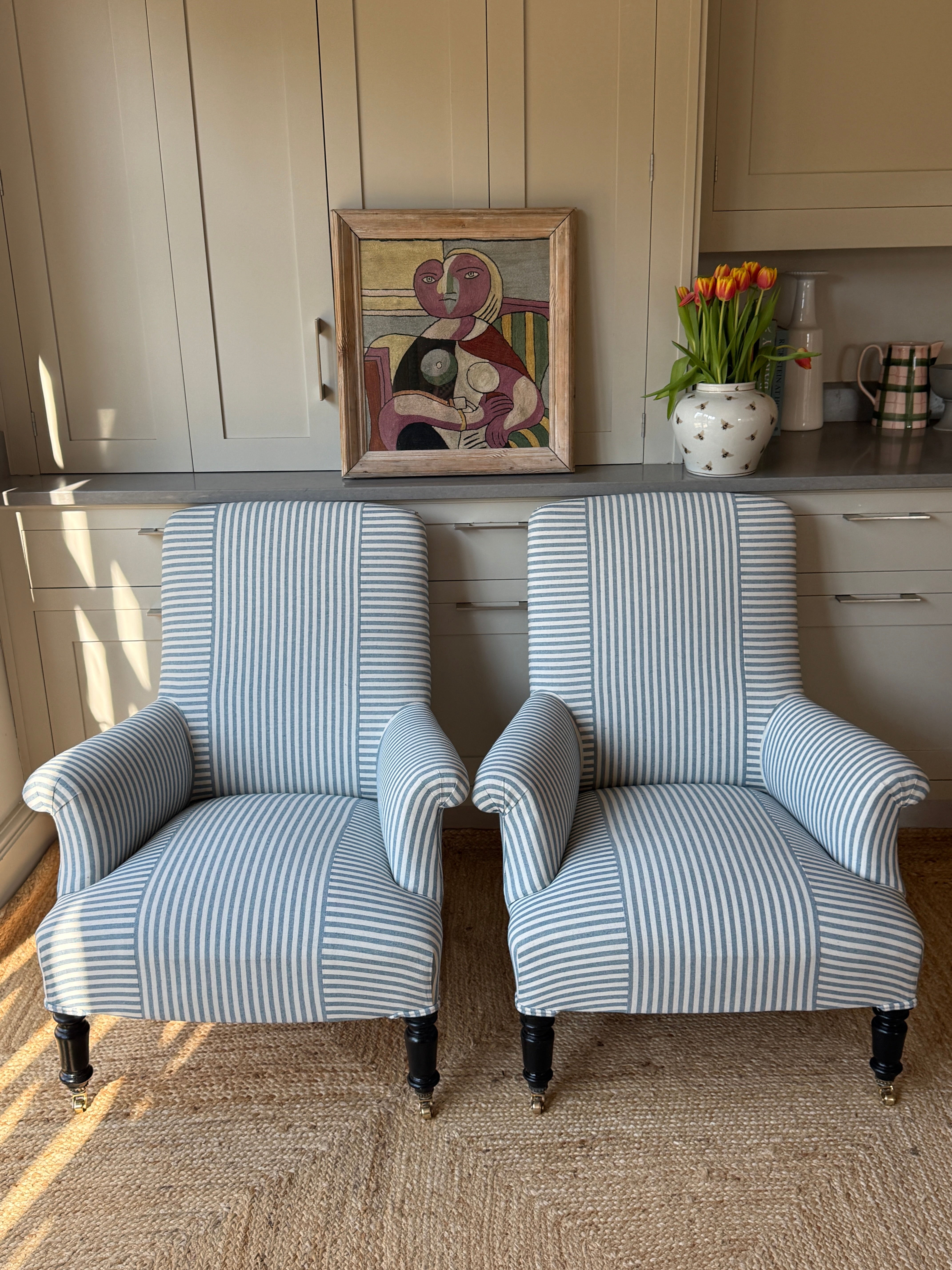 Pair of French Armchairs in Blue & White Ticking with Criss Cross Design