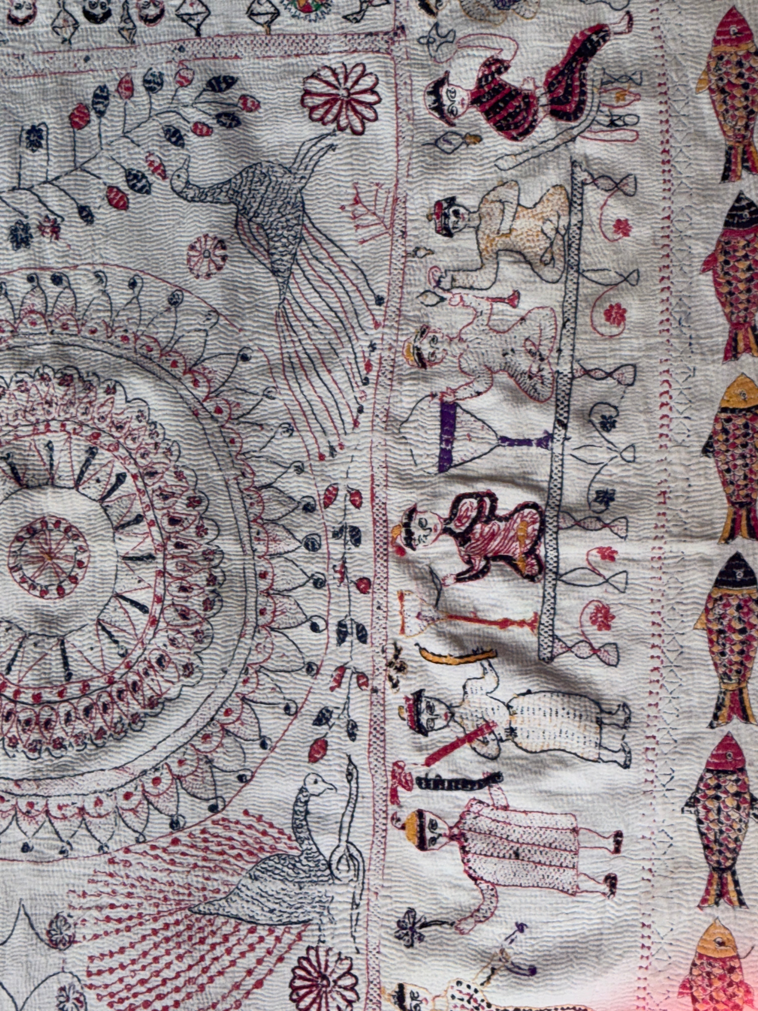 Rare Bengali Nakshi Kantha with Fish Border c late 19th Century