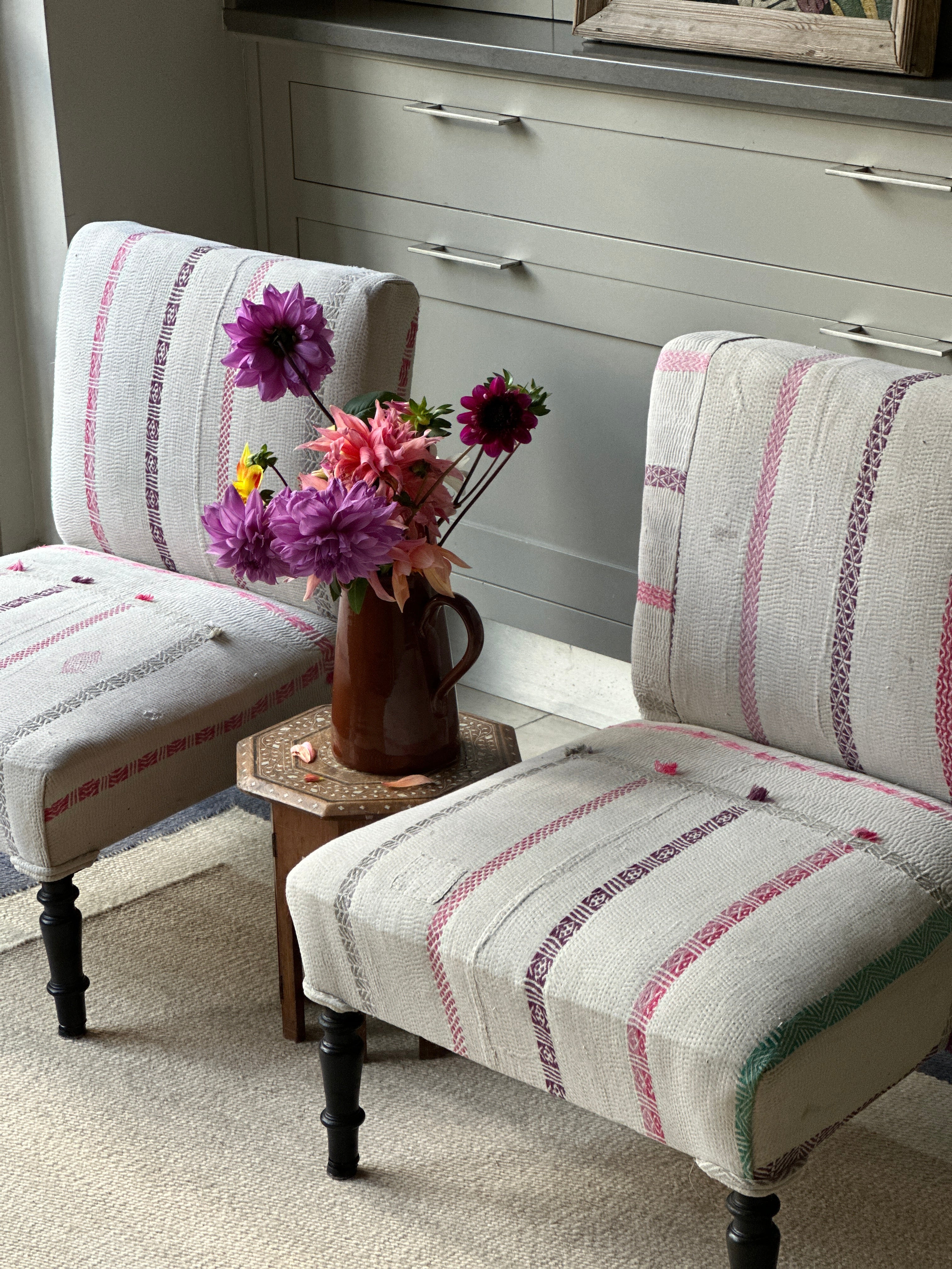 Sweet Pair of French Slipper Chairs in a Candy Striped Kantha