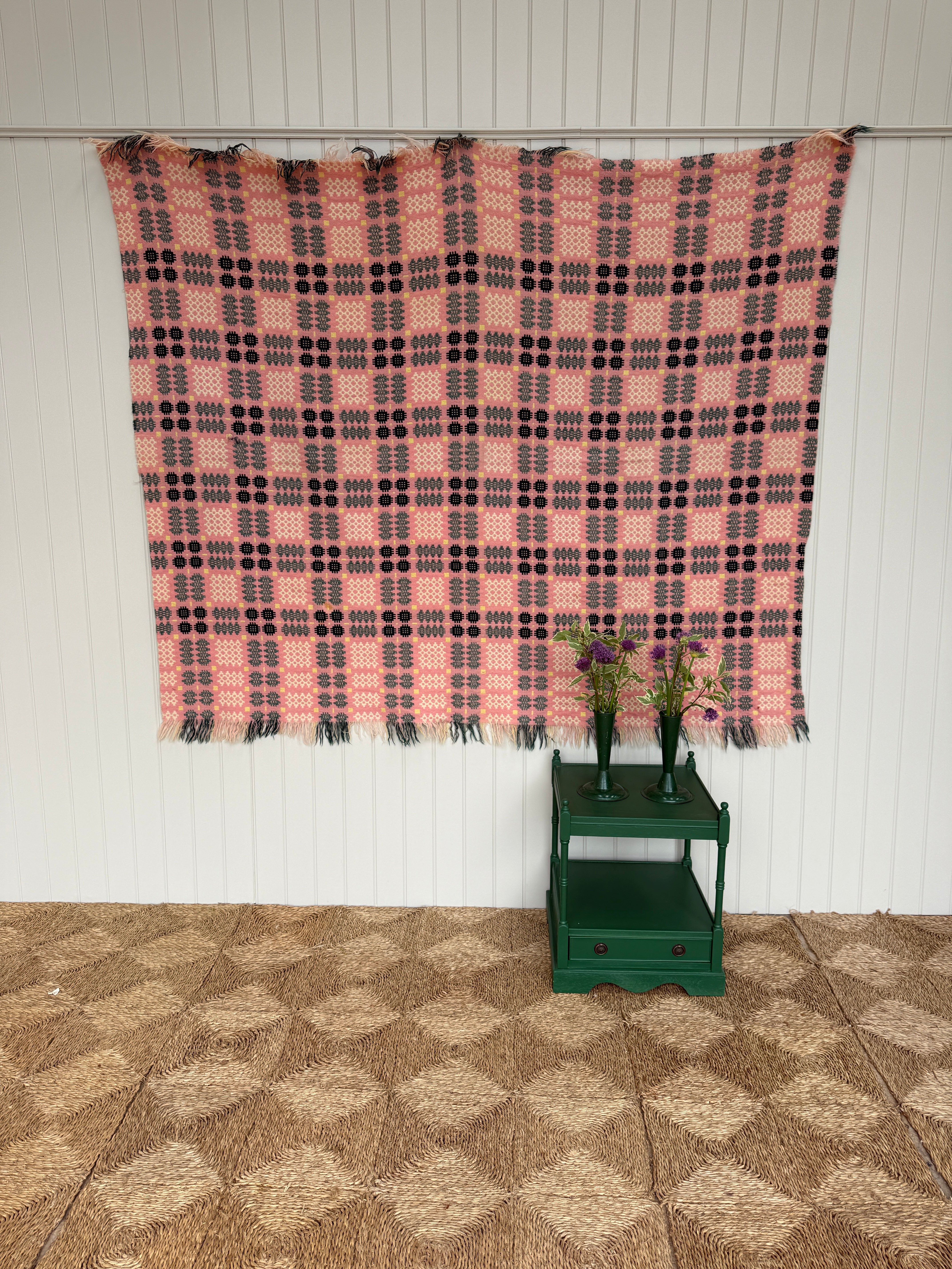 Vintage Welsh Blanket in Pink, Green and Yellow