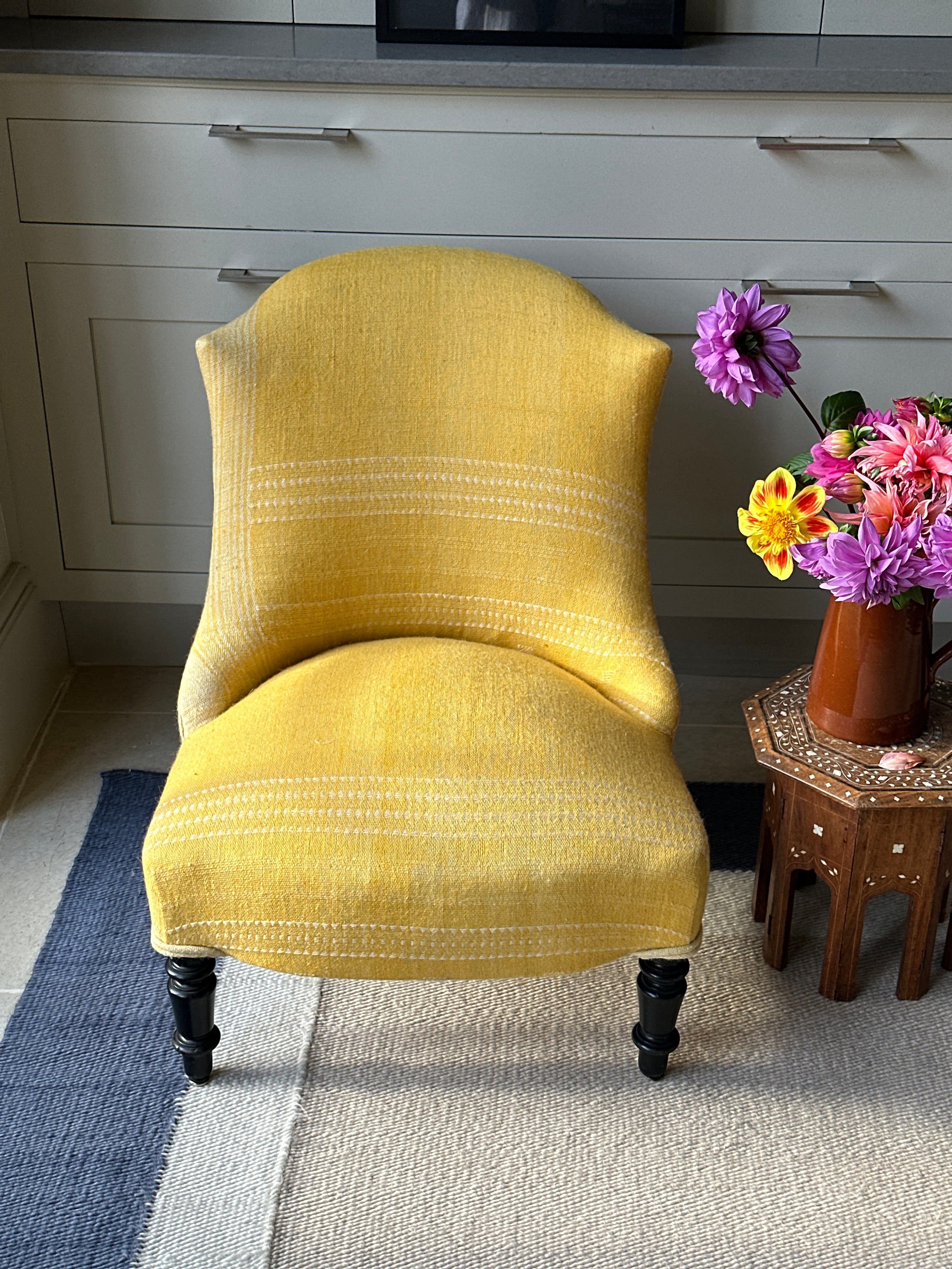 French Slipper Chair in vintage yellow Indian Camel Wool textile