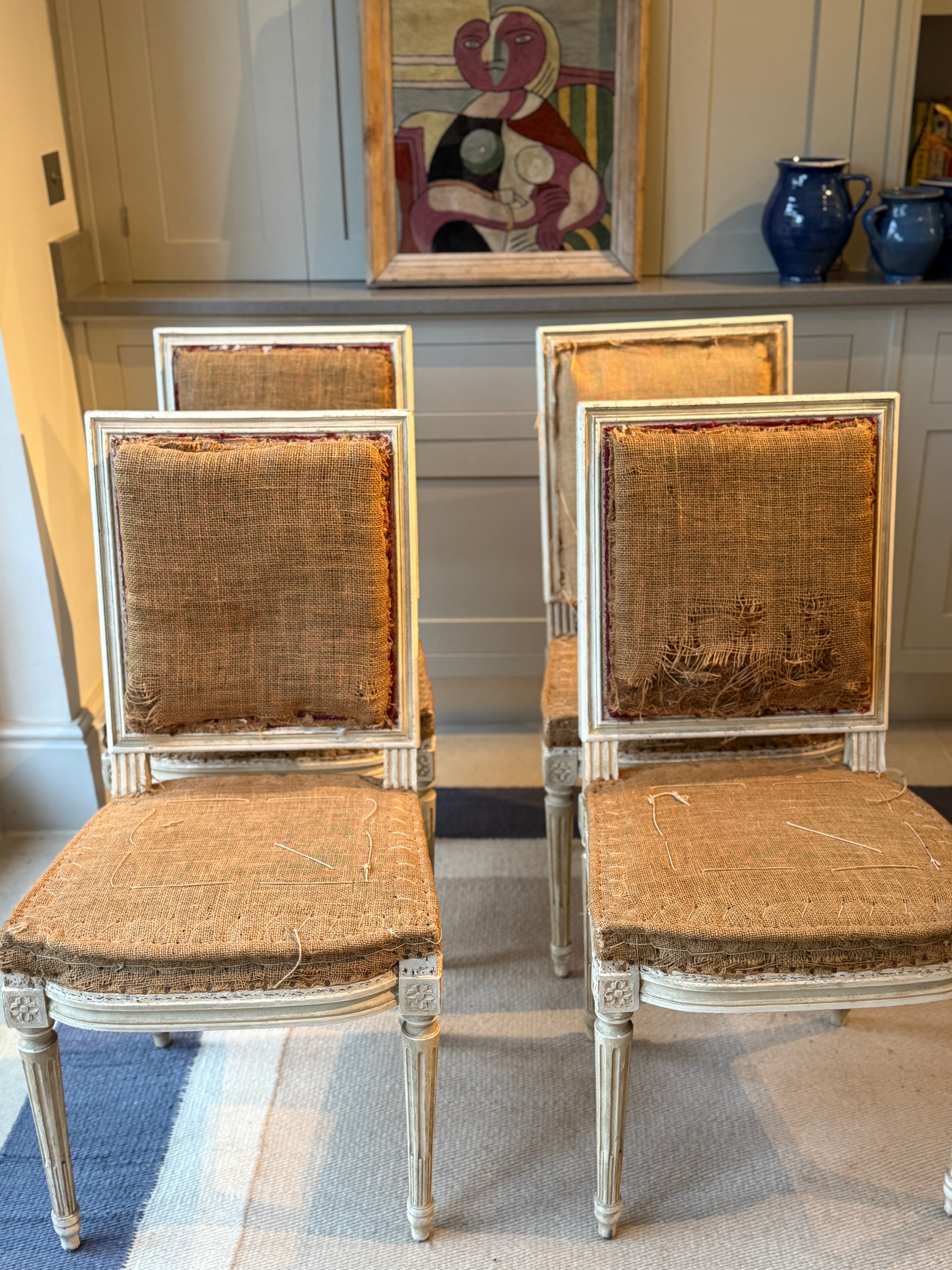 Set of Four French Chairs with Hessian Seats and Back