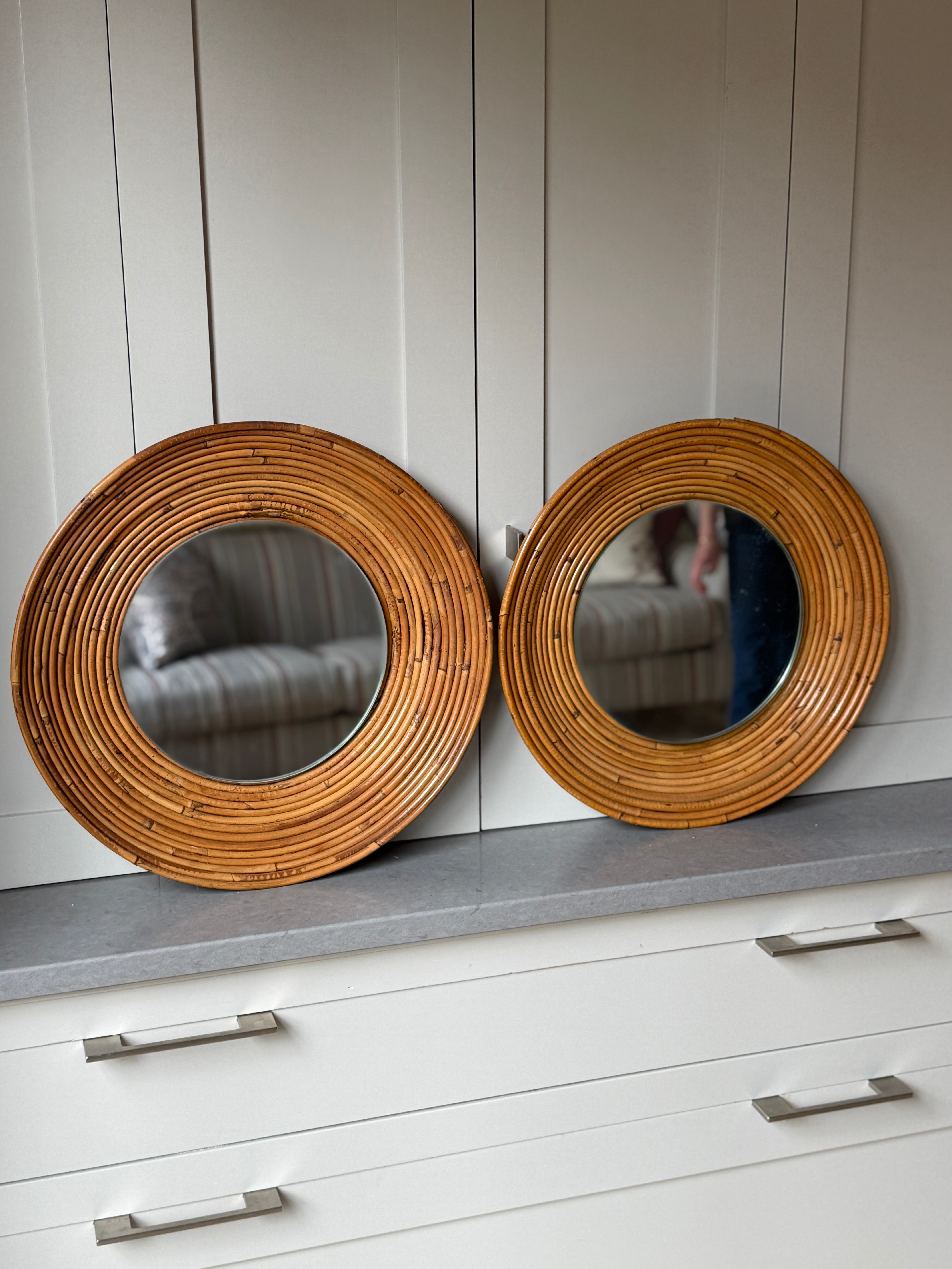 Pair of Round Rattan Mirrors - Italian 1960s